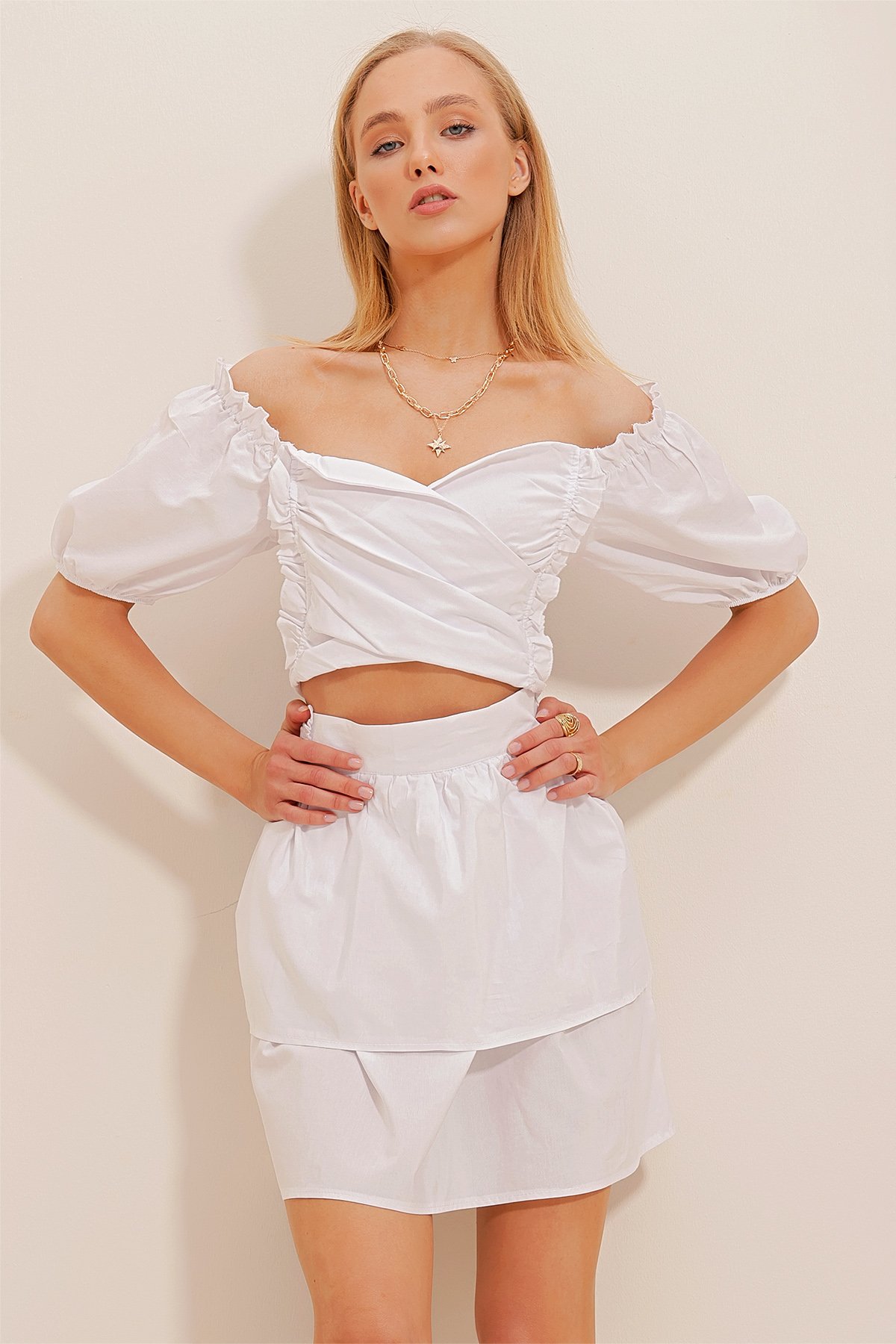 Karpuz Kol Eteği Volanlı Poplin Crop Üst Ve Etek Takım - Beyaz