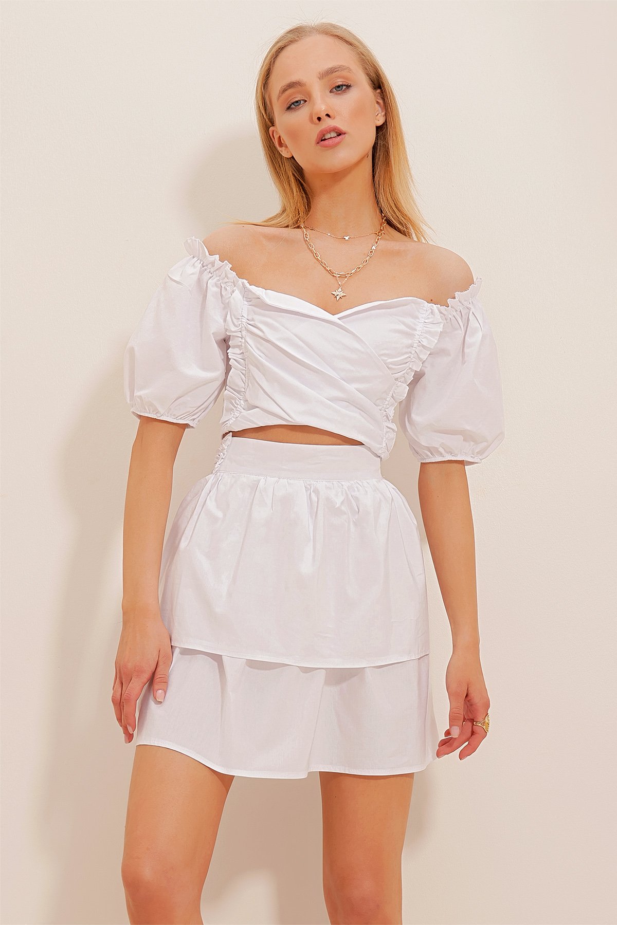Karpuz Kol Eteği Volanlı Poplin Crop Üst Ve Etek Takım - Beyaz