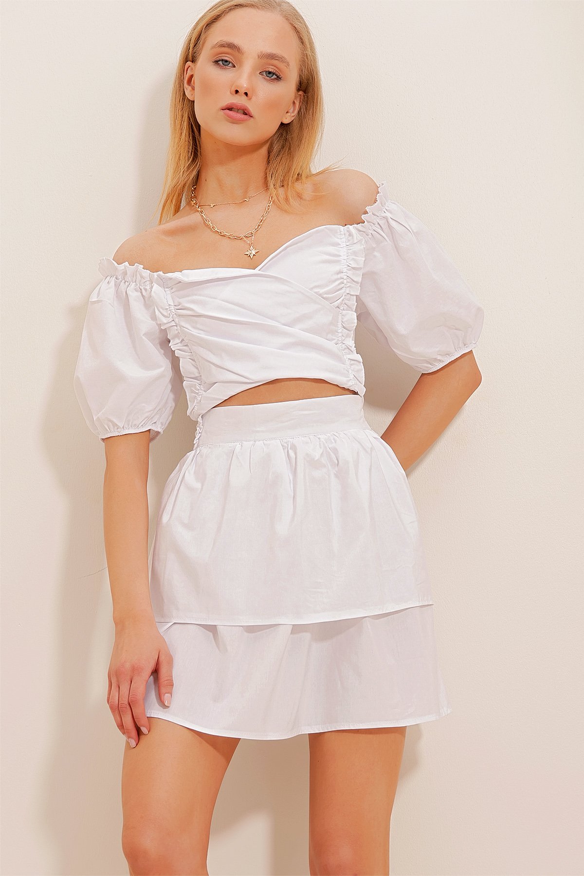 Karpuz Kol Eteği Volanlı Poplin Crop Üst Ve Etek Takım - Beyaz