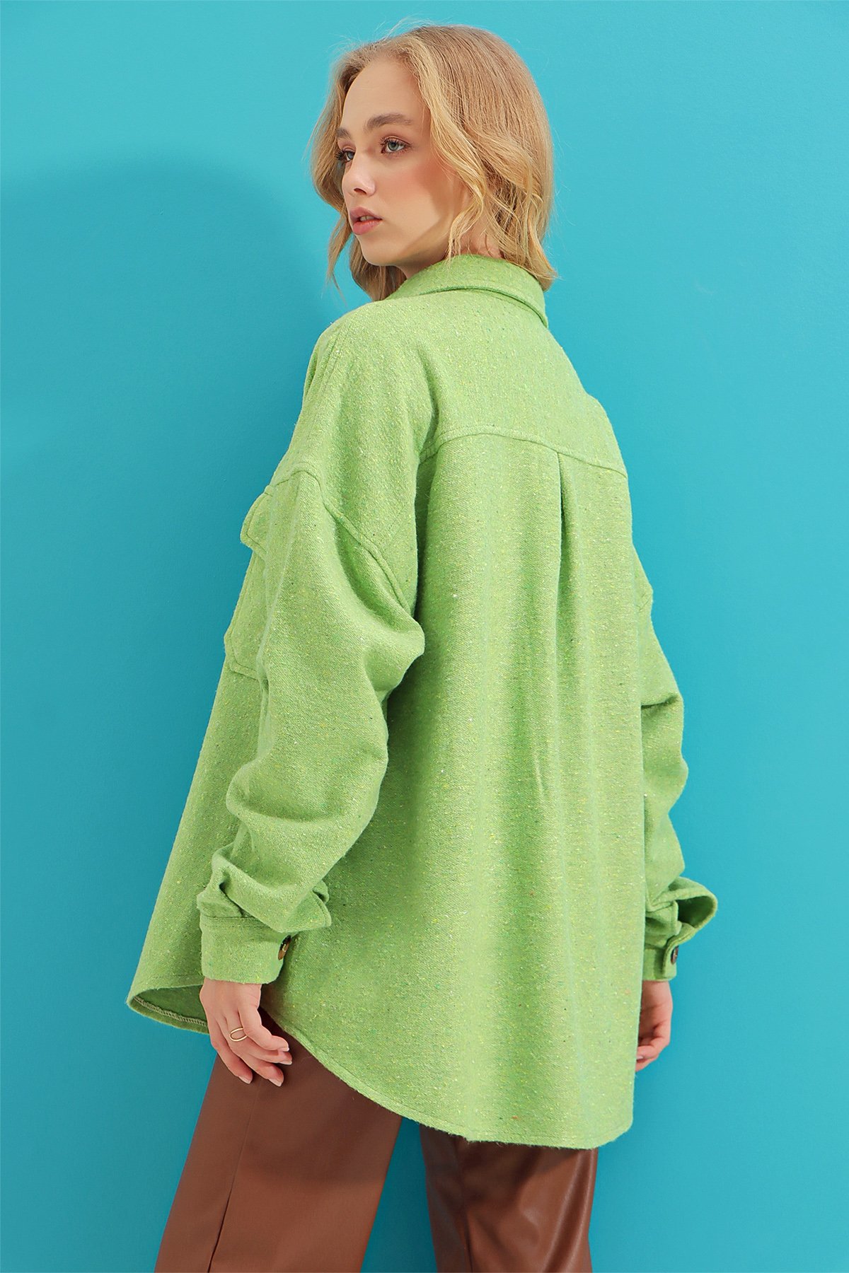 Kaşe Pamuklu Oversize Ceket Gömlek - Açık Yeşil