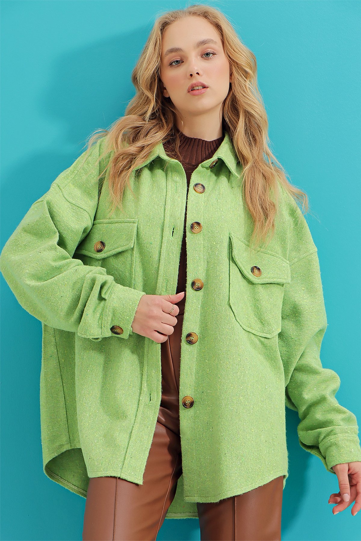 Kaşe Pamuklu Oversize Ceket Gömlek - Açık Yeşil