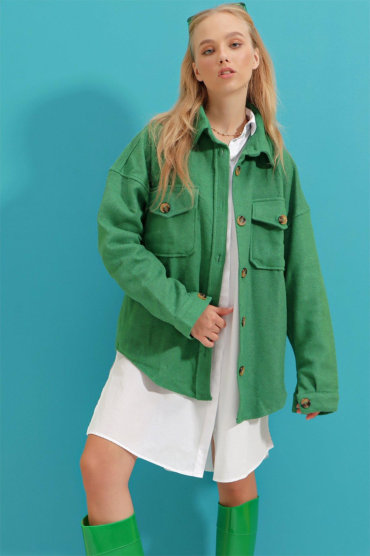 Kaşe Pamuklu Oversize Ceket Gömlek - Yeşil