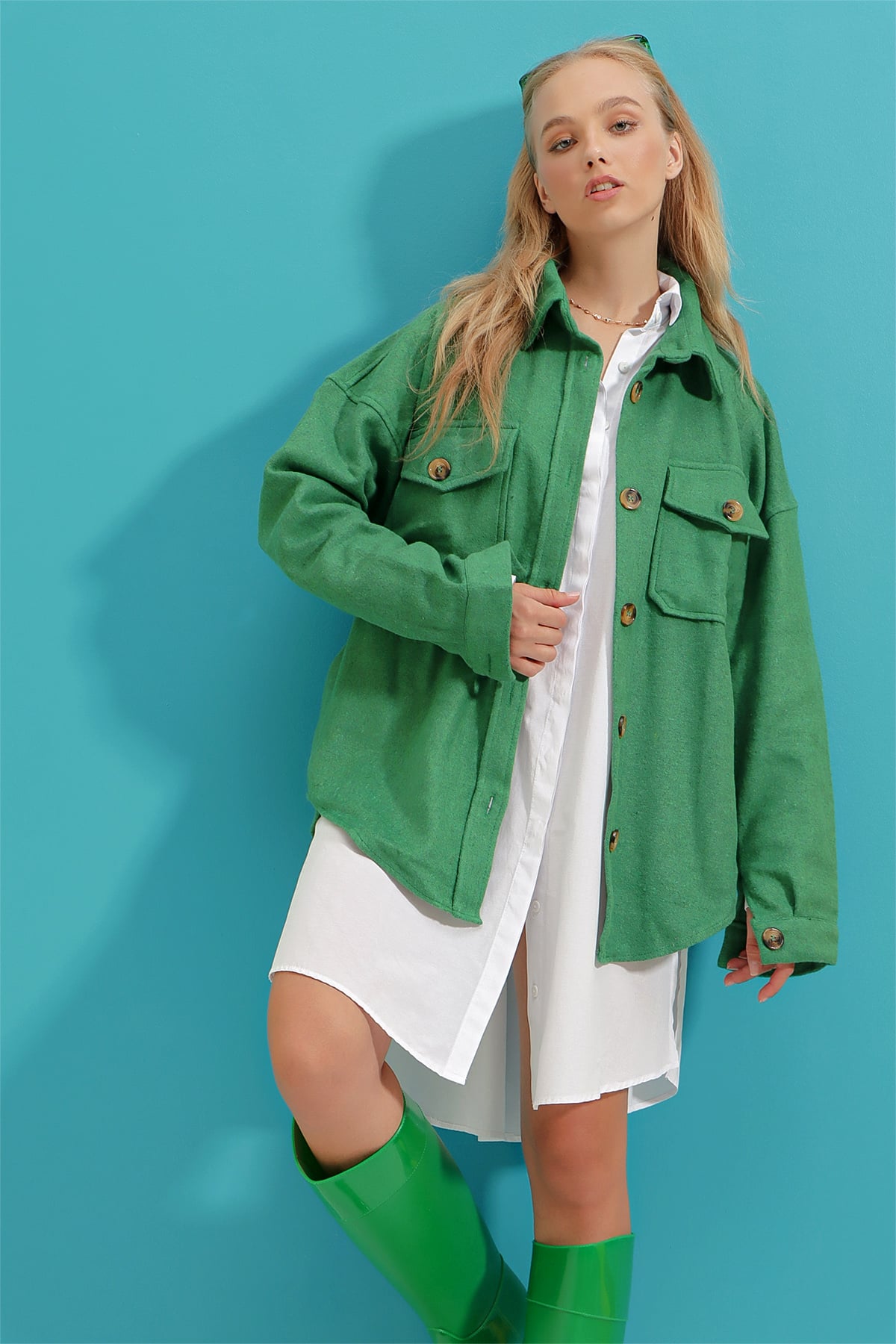 Kaşe Pamuklu Oversize Ceket Gömlek - Yeşil