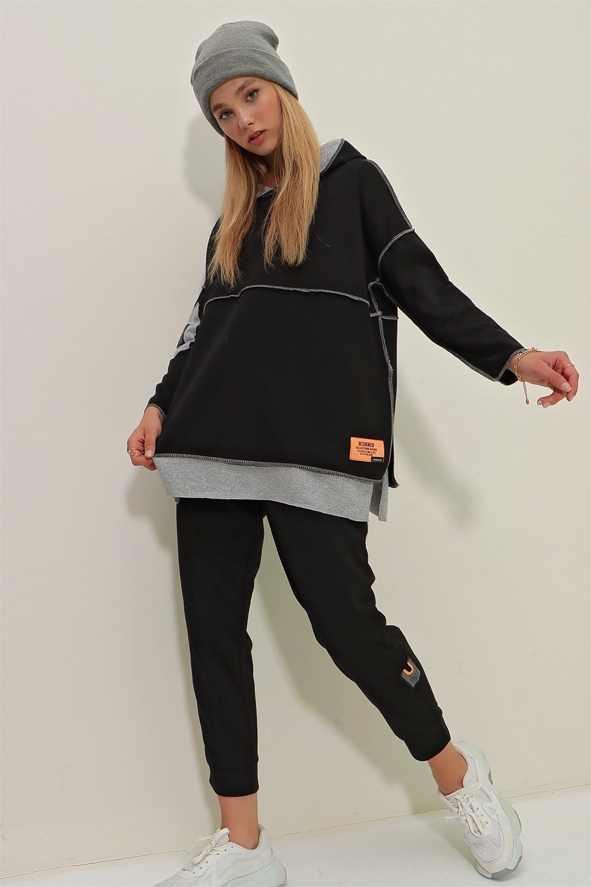 Kat Kat Kapüşonlu Sweatshirt Ve Eşofman Altı İkili Takım - Siyah