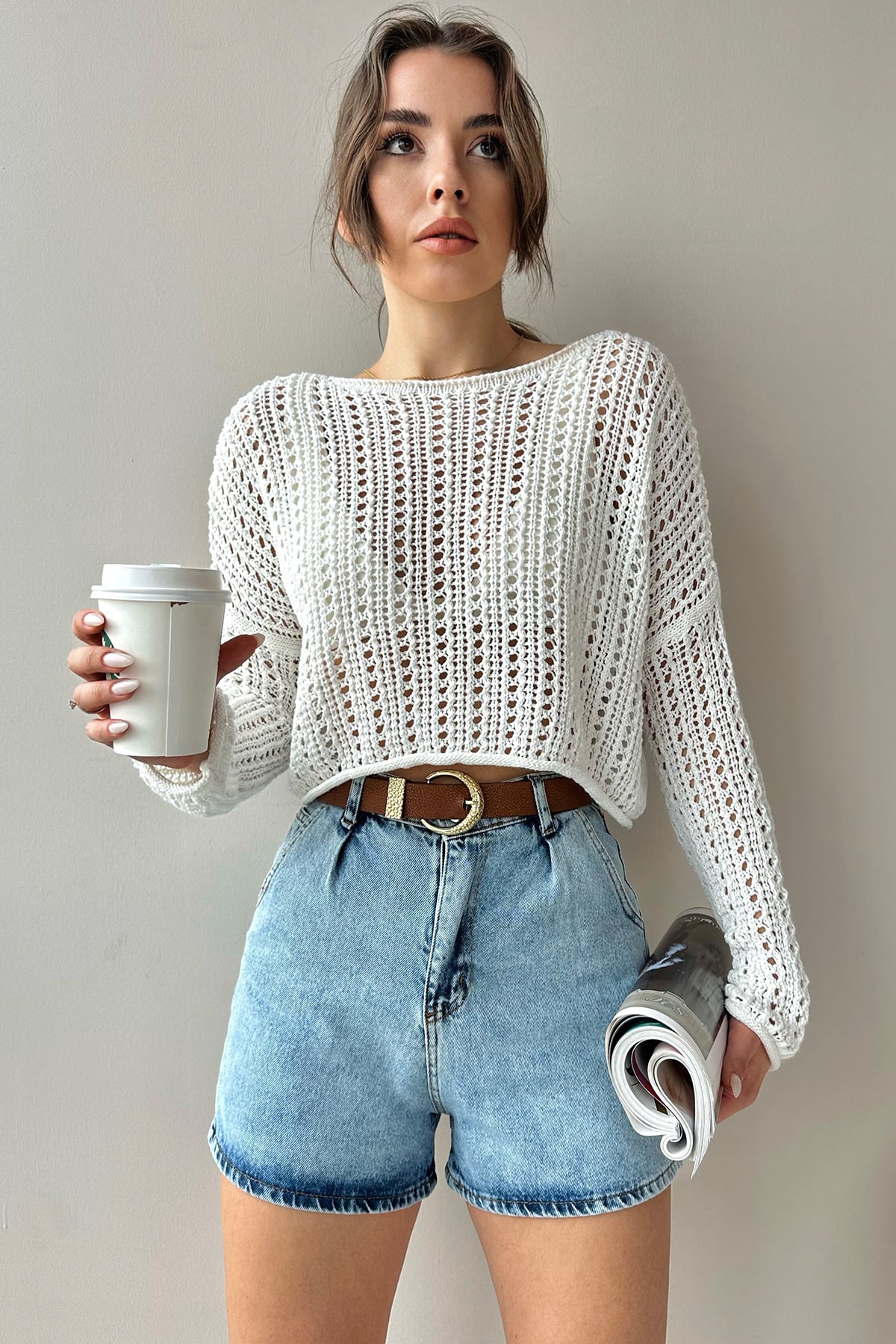 Kayık Yaka Delik Ajurlu Crop Triko Bluz - Ekru