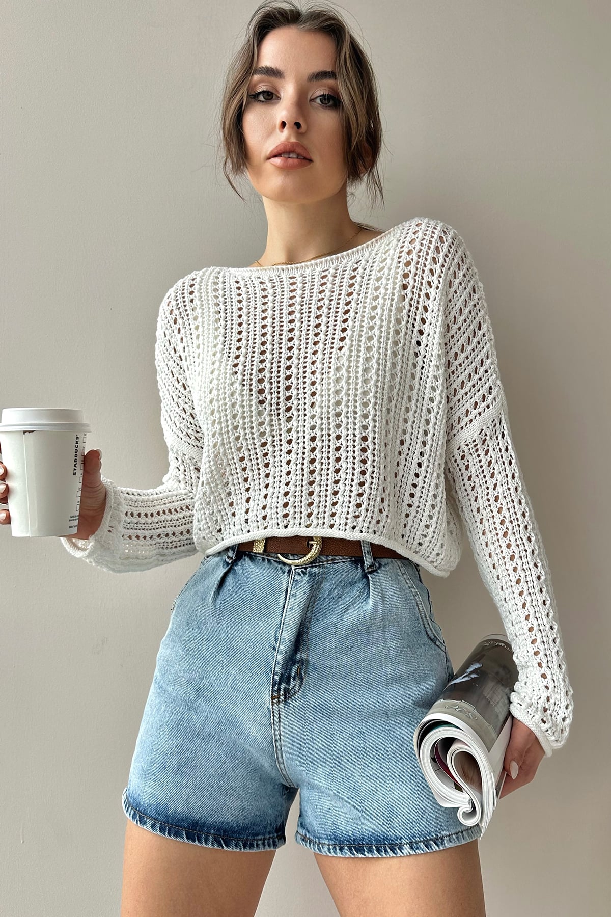 Kayık Yaka Delik Ajurlu Crop Triko Bluz - Ekru