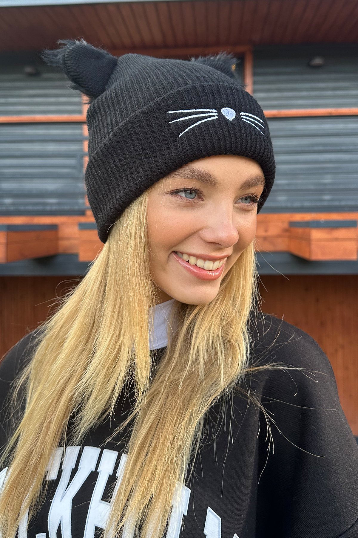 Kedi Nakışlı Bere - Siyah