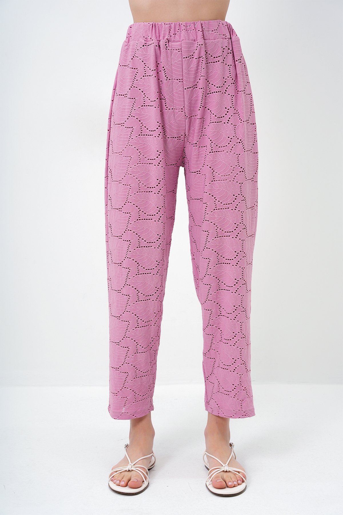Kendinden Dokulu Ajurlu Uzun Pantolonlu Kimono Takım - PEMBE