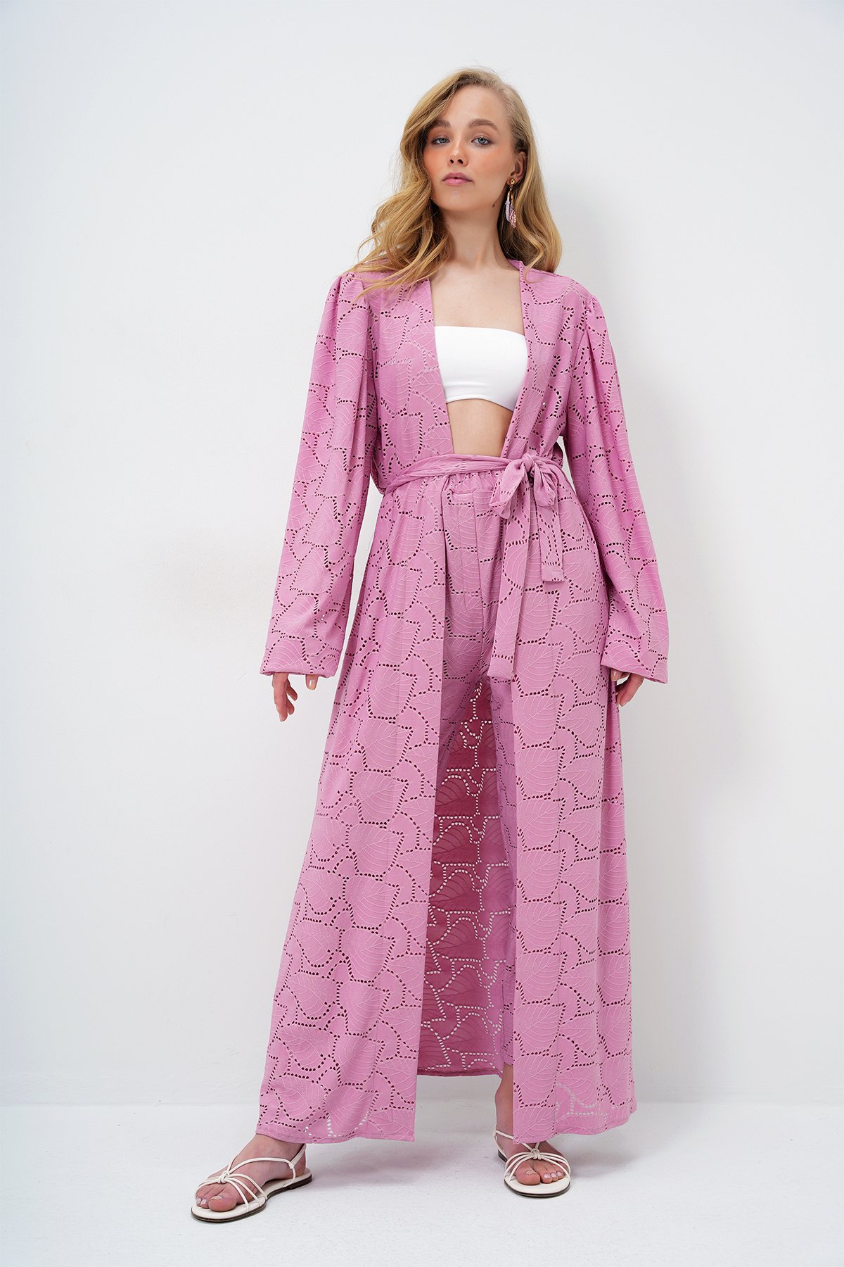 Kendinden Dokulu Ajurlu Uzun Pantolonlu Kimono Takım - PEMBE