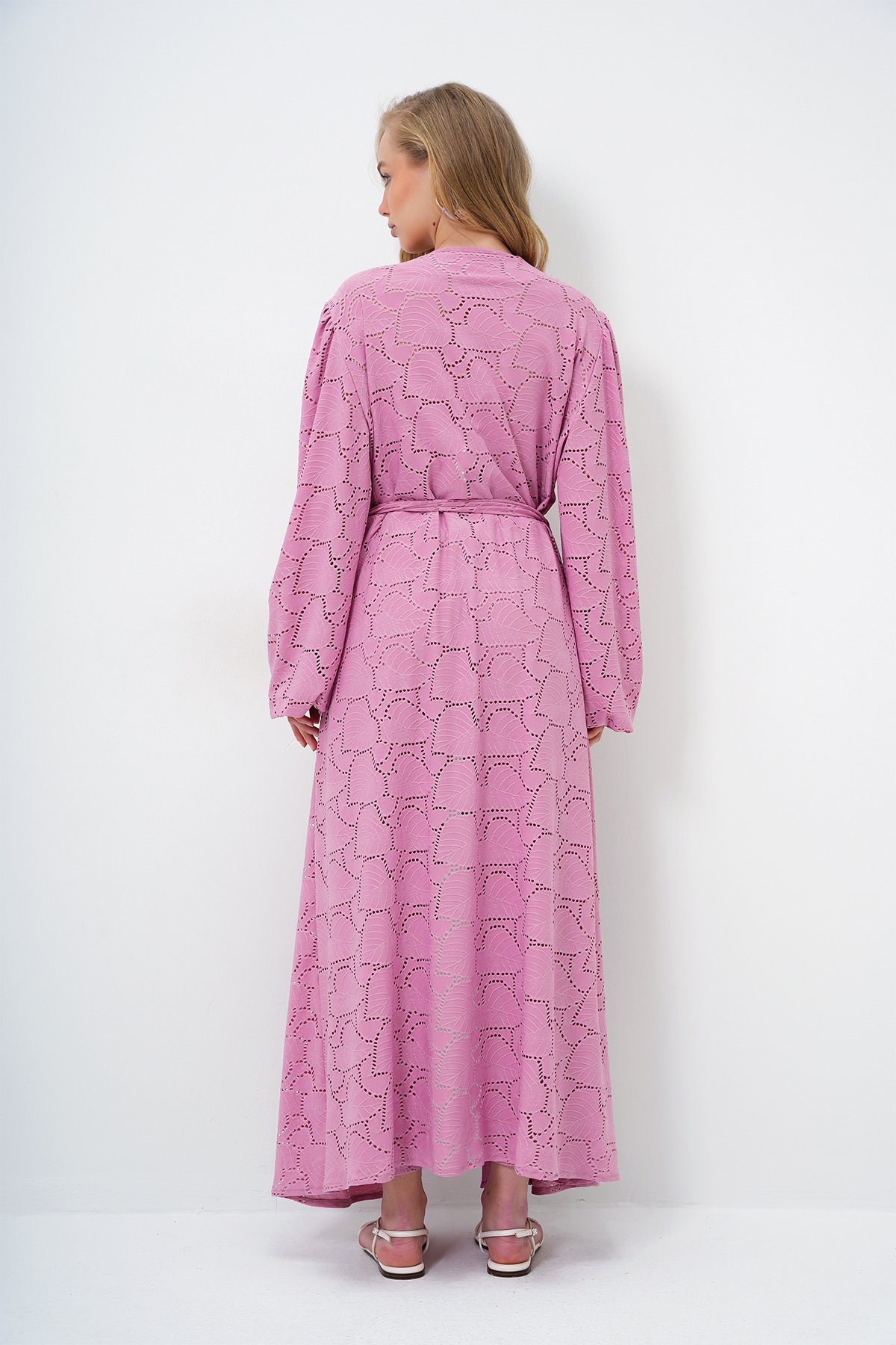 Kendinden Dokulu Ajurlu Uzun Pantolonlu Kimono Takım - PEMBE