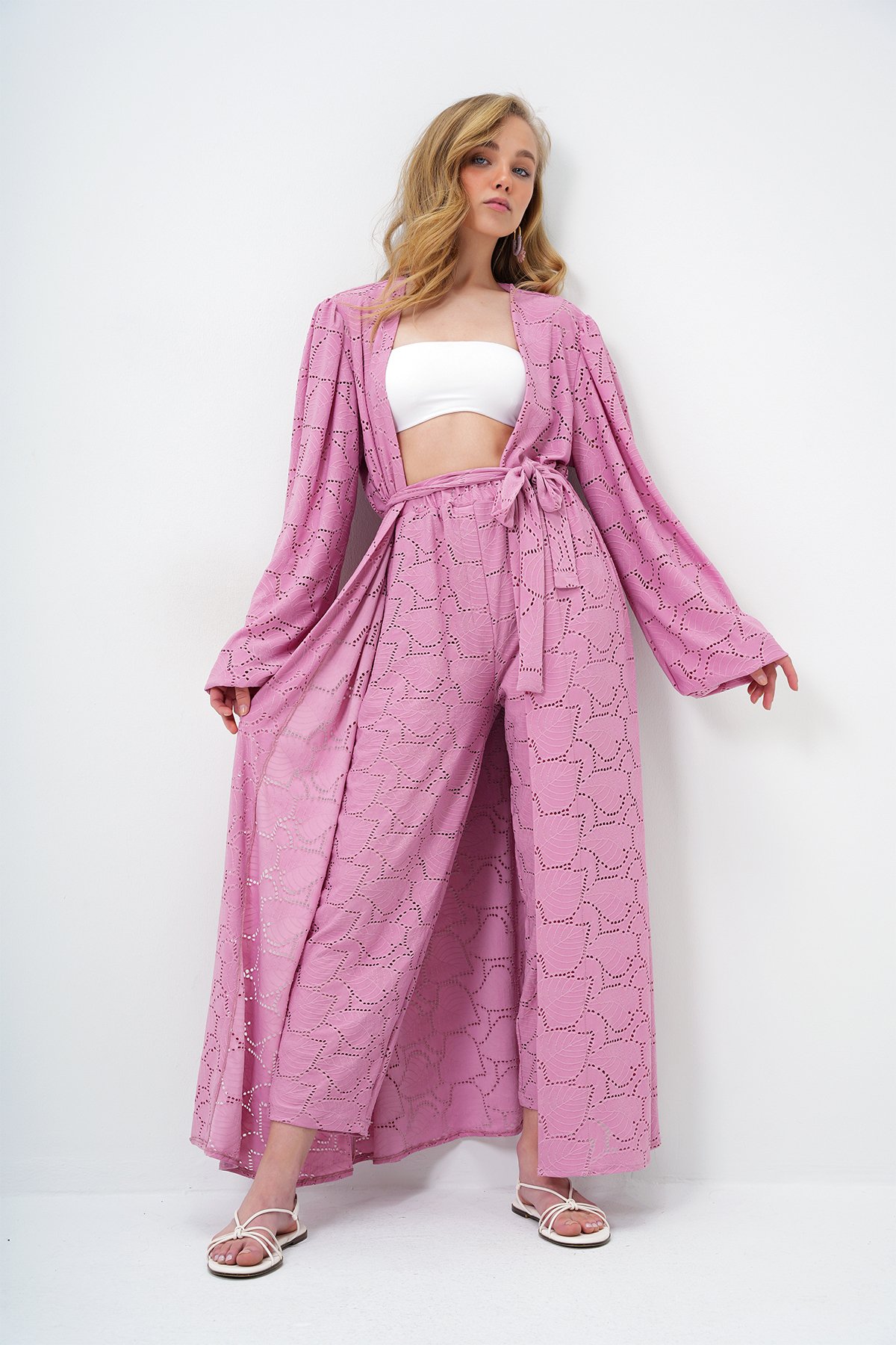 Kendinden Dokulu Ajurlu Uzun Pantolonlu Kimono Takım - PEMBE