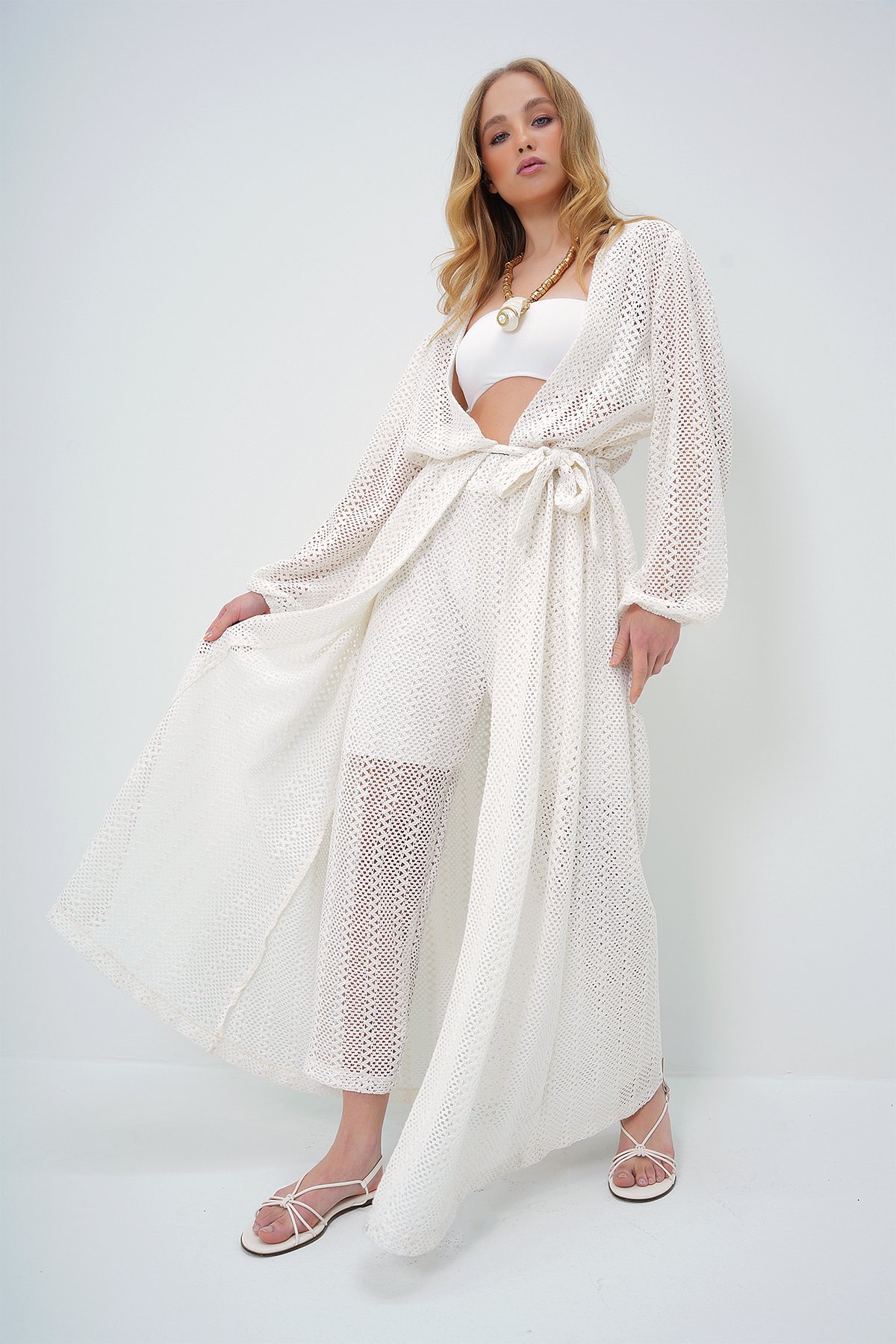 Kendinden Dokulu Ajurlu Uzun Pantolonlu Kimono Takım - EKRU