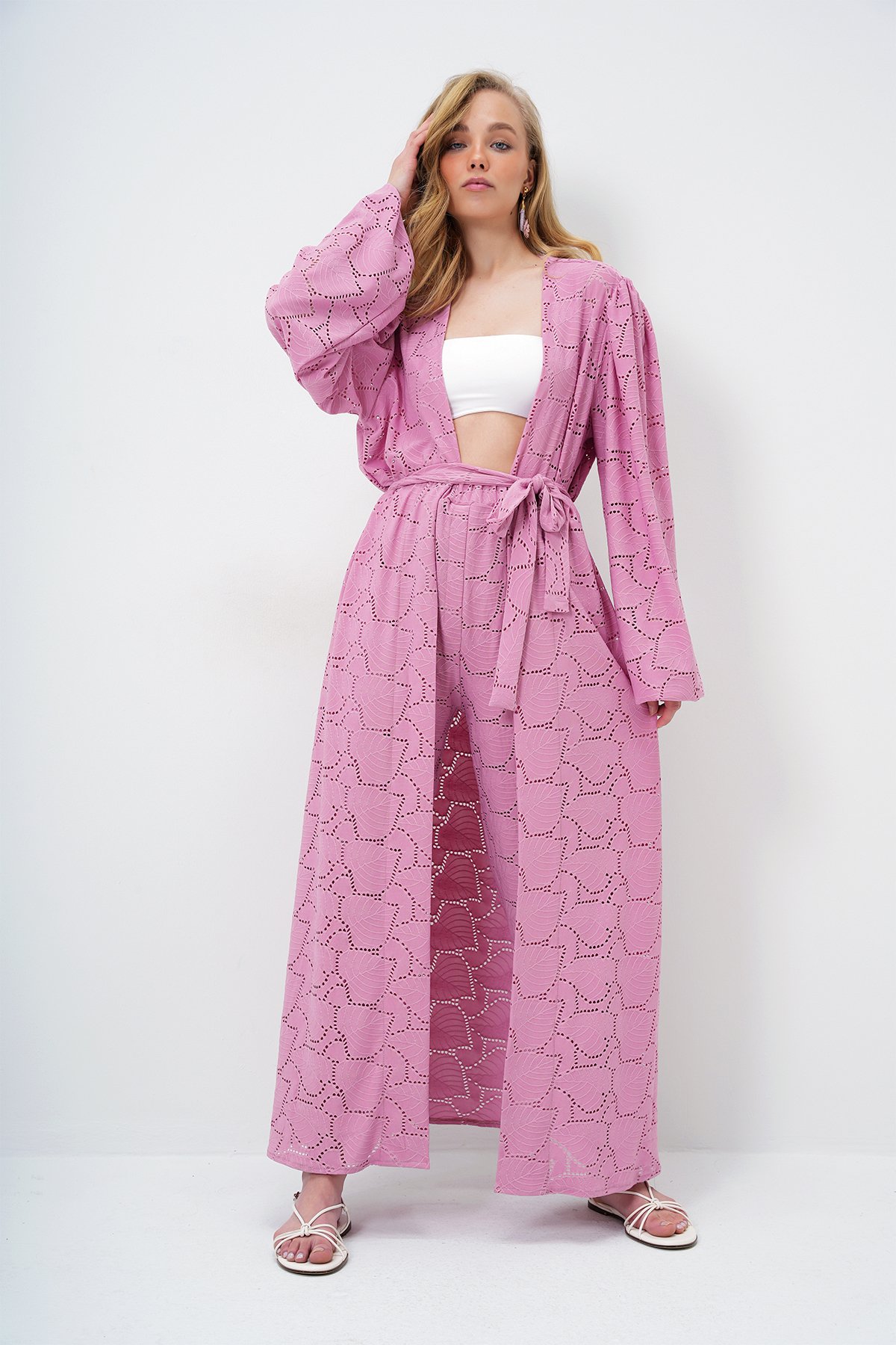 Kendinden Dokulu Ajurlu Uzun Pantolonlu Kimono Takım - PEMBE