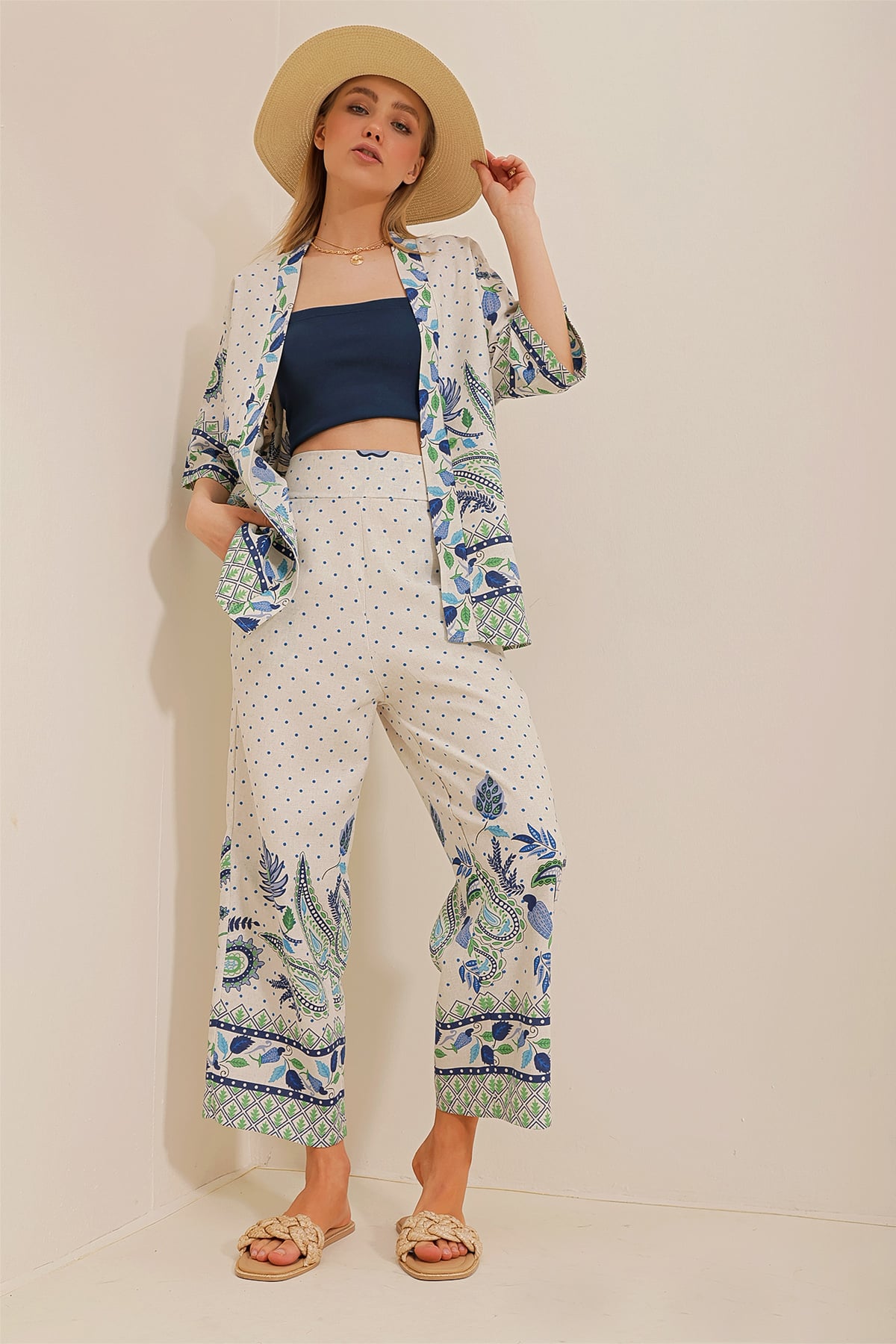 Keten Kimono Ceket Ve Rahat Kesim Pantolon İkili Takım - Krem-Mavi