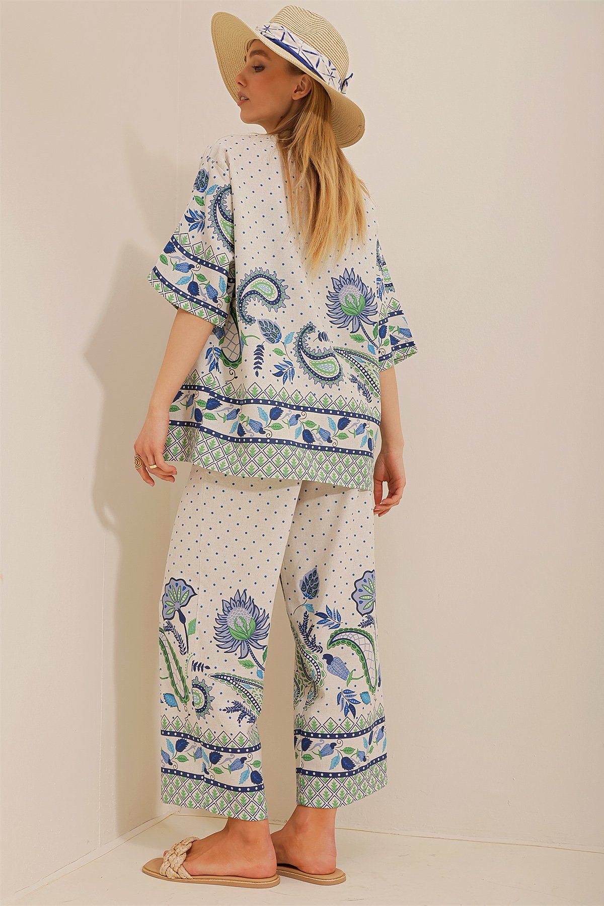 Keten Kimono Ceket Ve Rahat Kesim Pantolon İkili Takım - Krem-Mavi