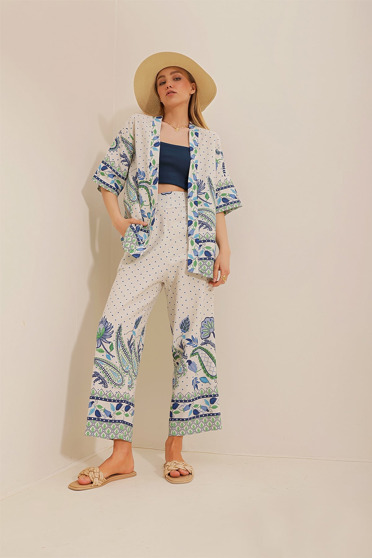 Keten Kimono Ceket Ve Rahat Kesim Pantolon İkili Takım - Krem-Mavi
