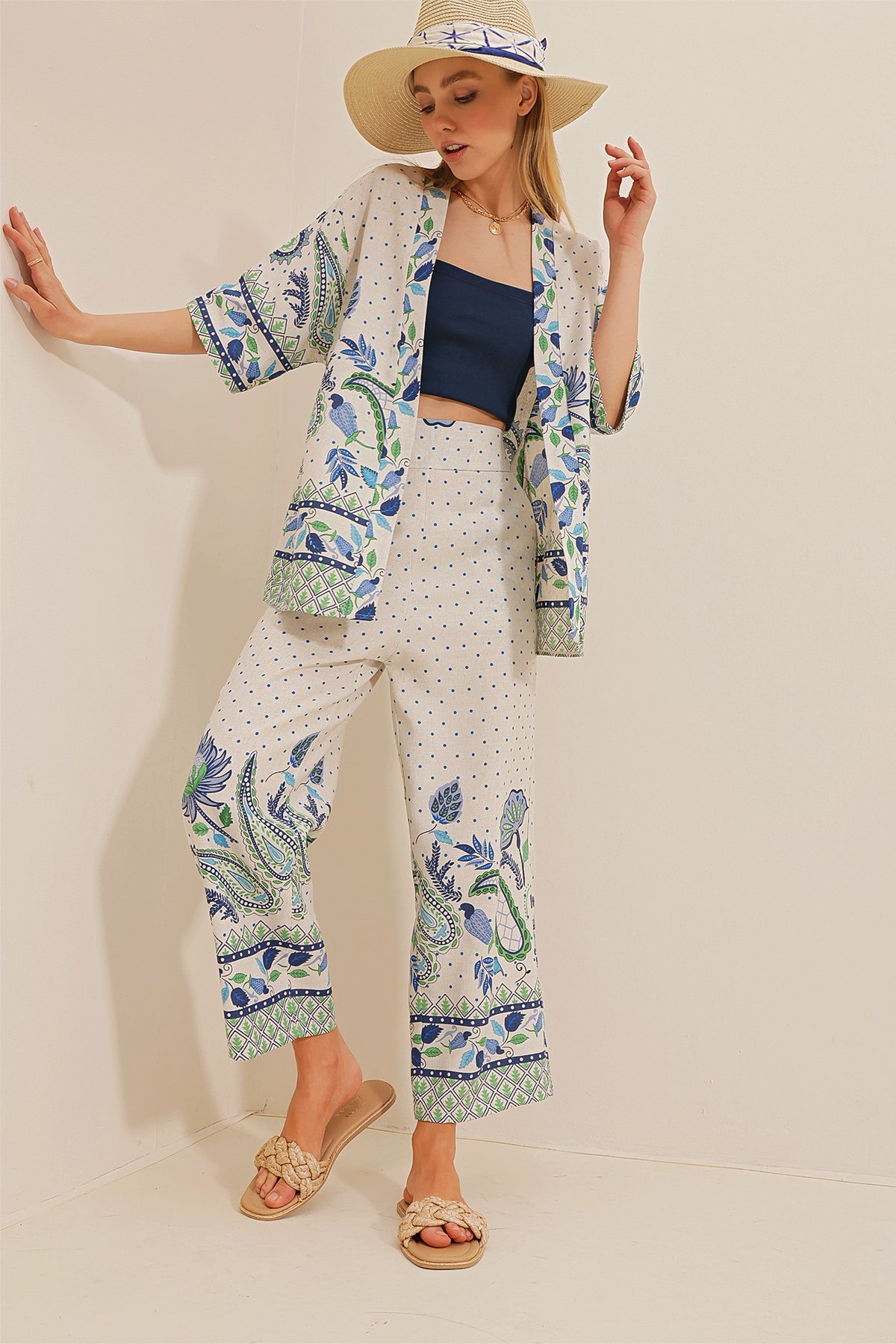 Keten Kimono Ceket Ve Rahat Kesim Pantolon İkili Takım - Krem-Mavi