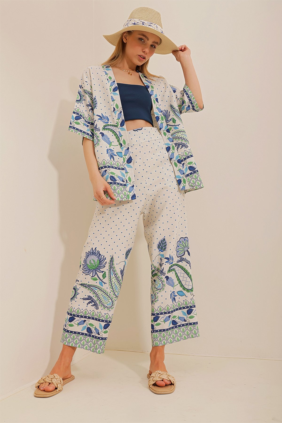 Keten Kimono Ceket Ve Rahat Kesim Pantolon İkili Takım - Krem-Mavi