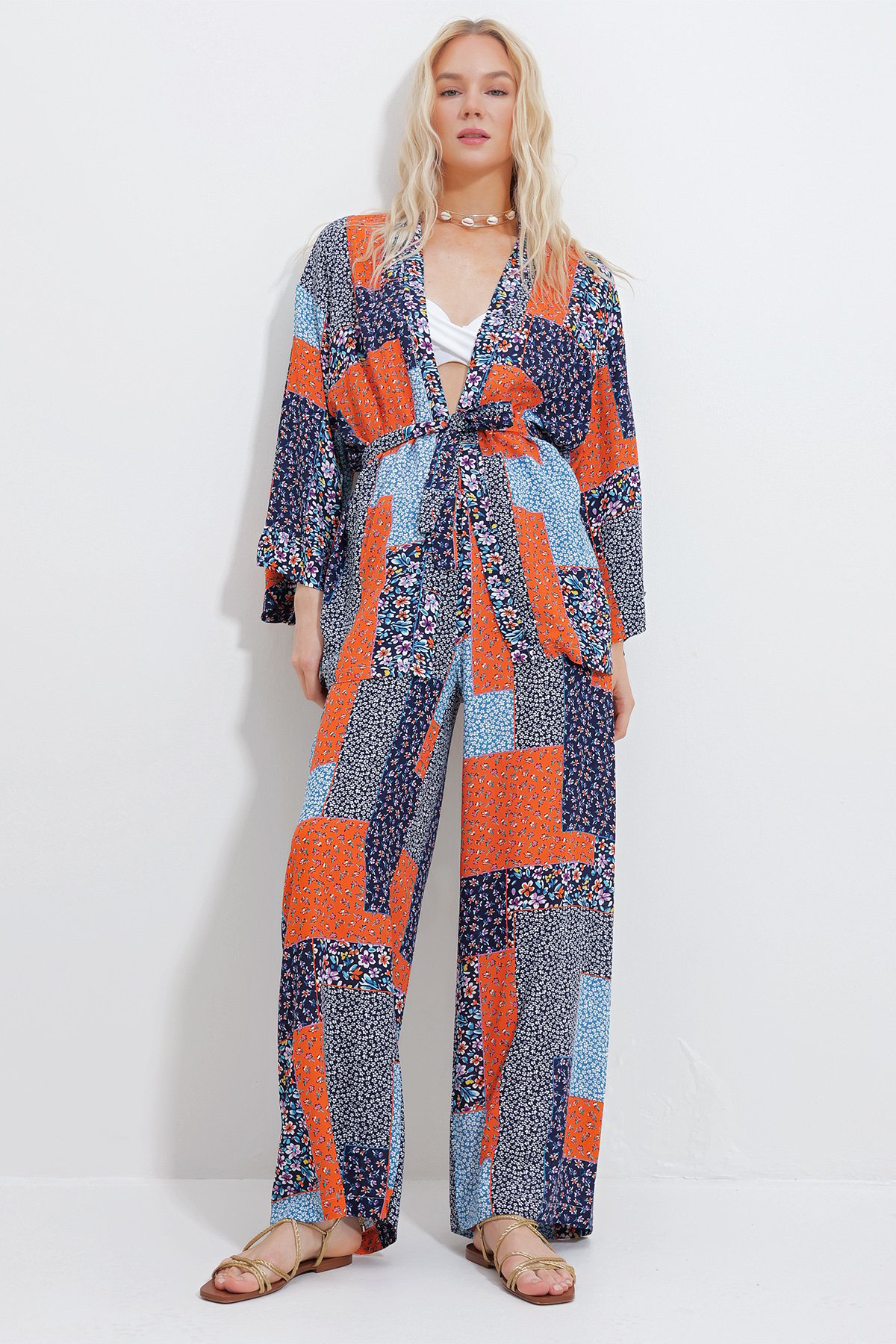 Kimono Ceket Ve Palazzo Pantolon Takım - Lacivert-Turuncu