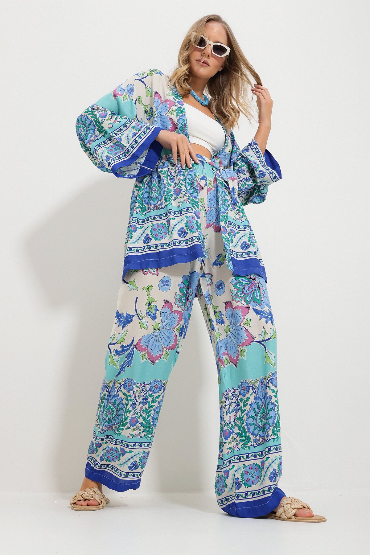 Kimono Ceket Ve Palazzo Pantolon Takım - Mavi-Yeşil