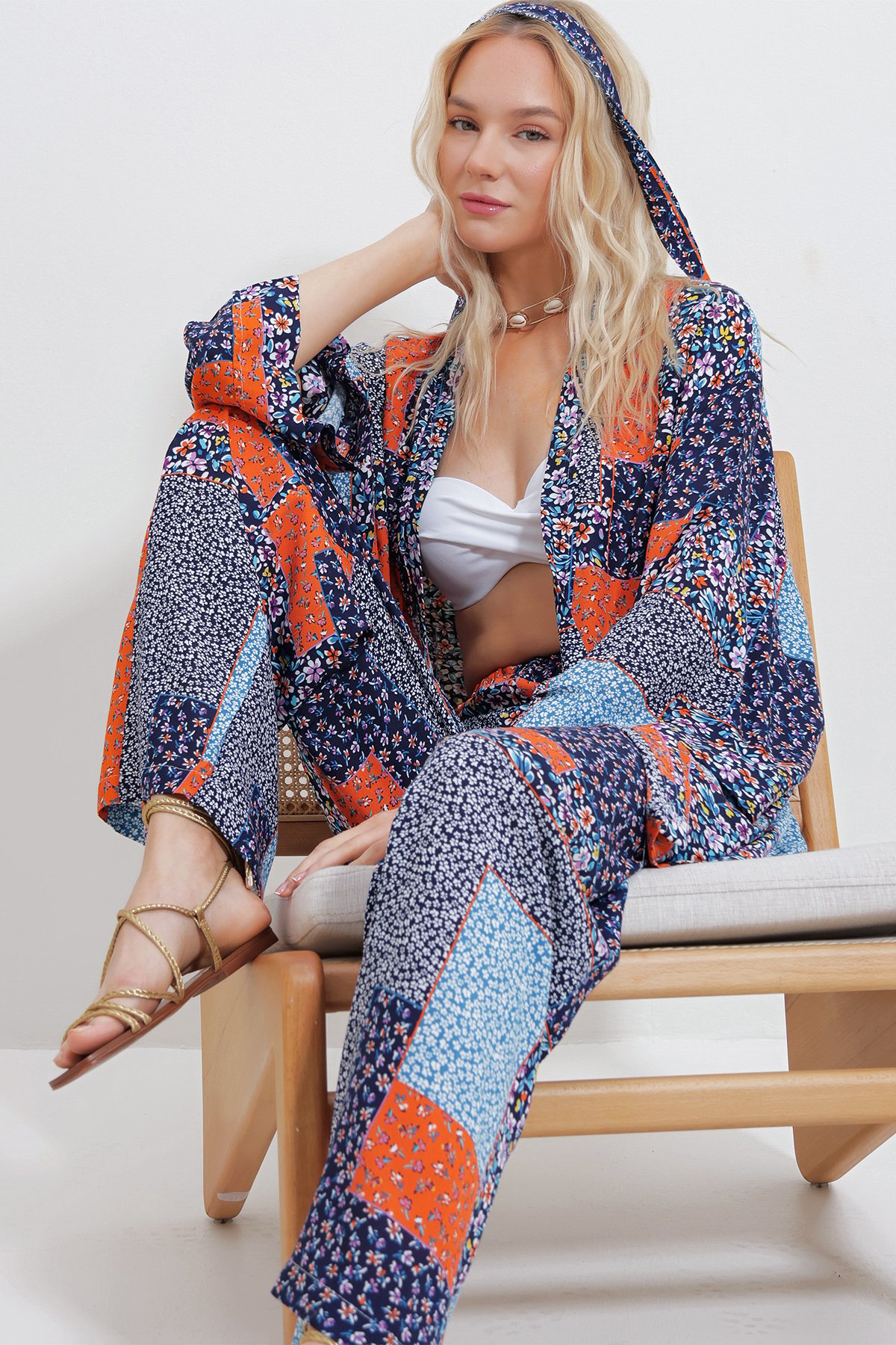 Kimono Ceket Ve Palazzo Pantolon Takım - Lacivert-Turuncu