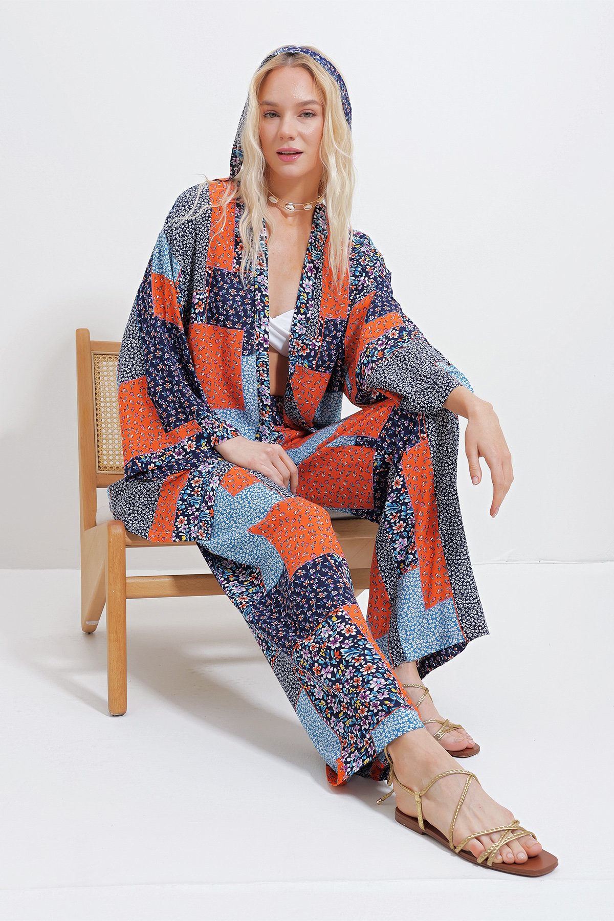 Kimono Ceket Ve Palazzo Pantolon Takım - Lacivert-Turuncu