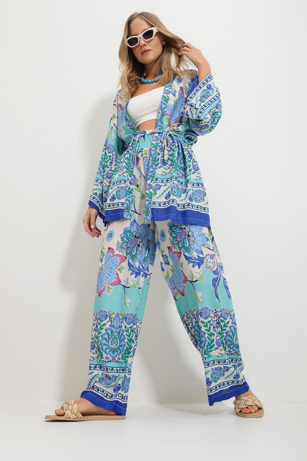 Kimono Ceket Ve Palazzo Pantolon Takım - Mavi-Yeşil