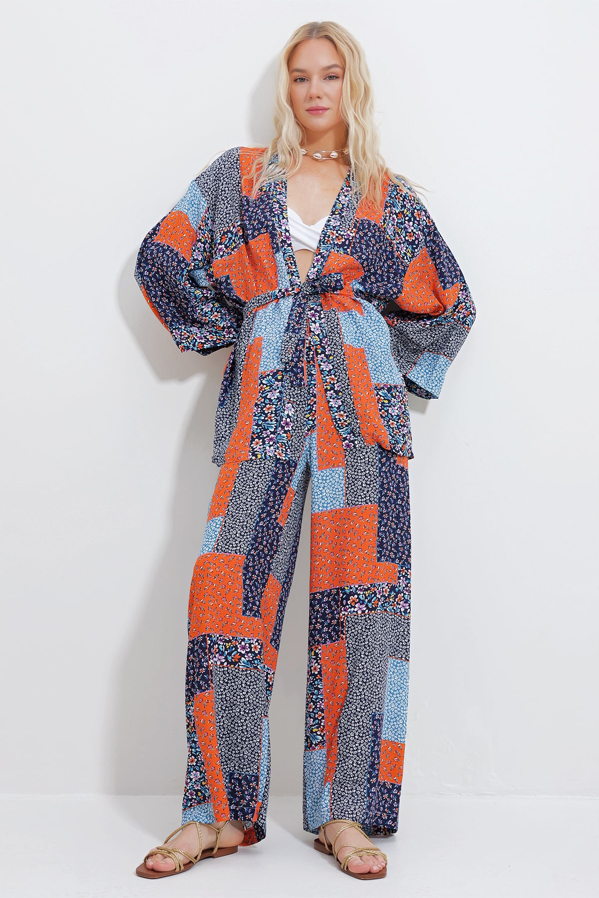 Kimono Ceket Ve Palazzo Pantolon Takım - Lacivert-Turuncu