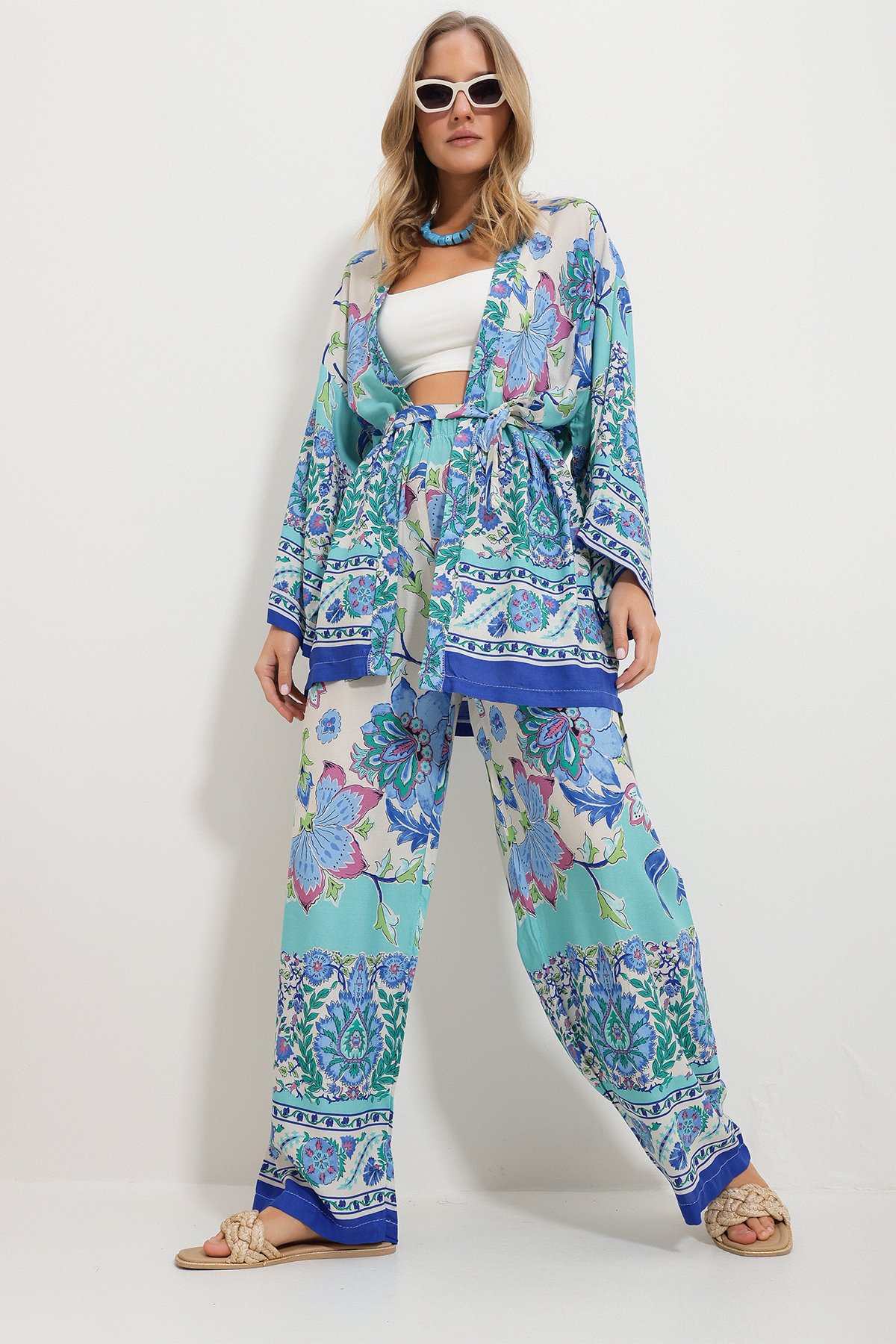 Kimono Ceket Ve Palazzo Pantolon Takım - Mavi-Yeşil
