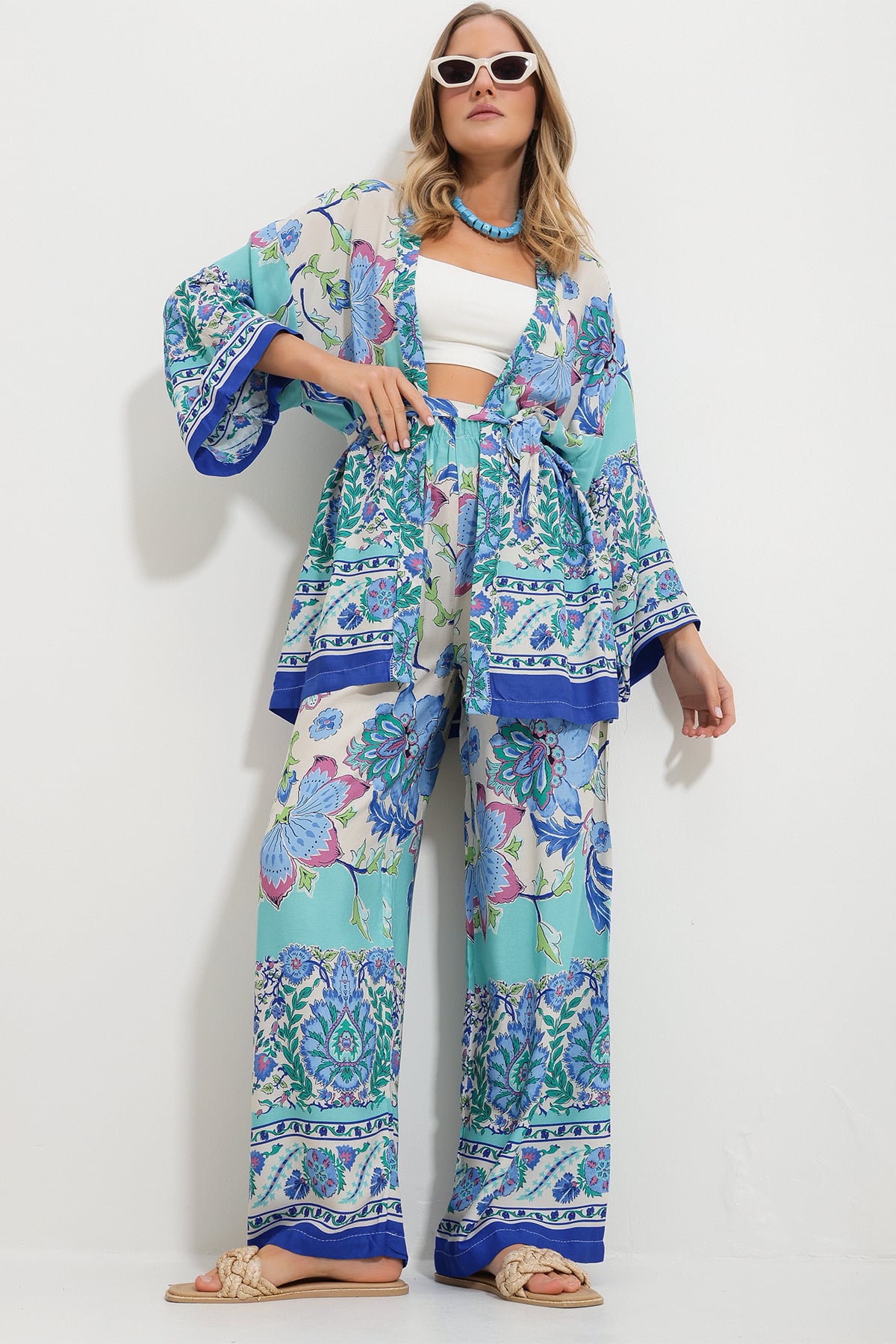 Kimono Ceket Ve Palazzo Pantolon Takım - Mavi-Yeşil