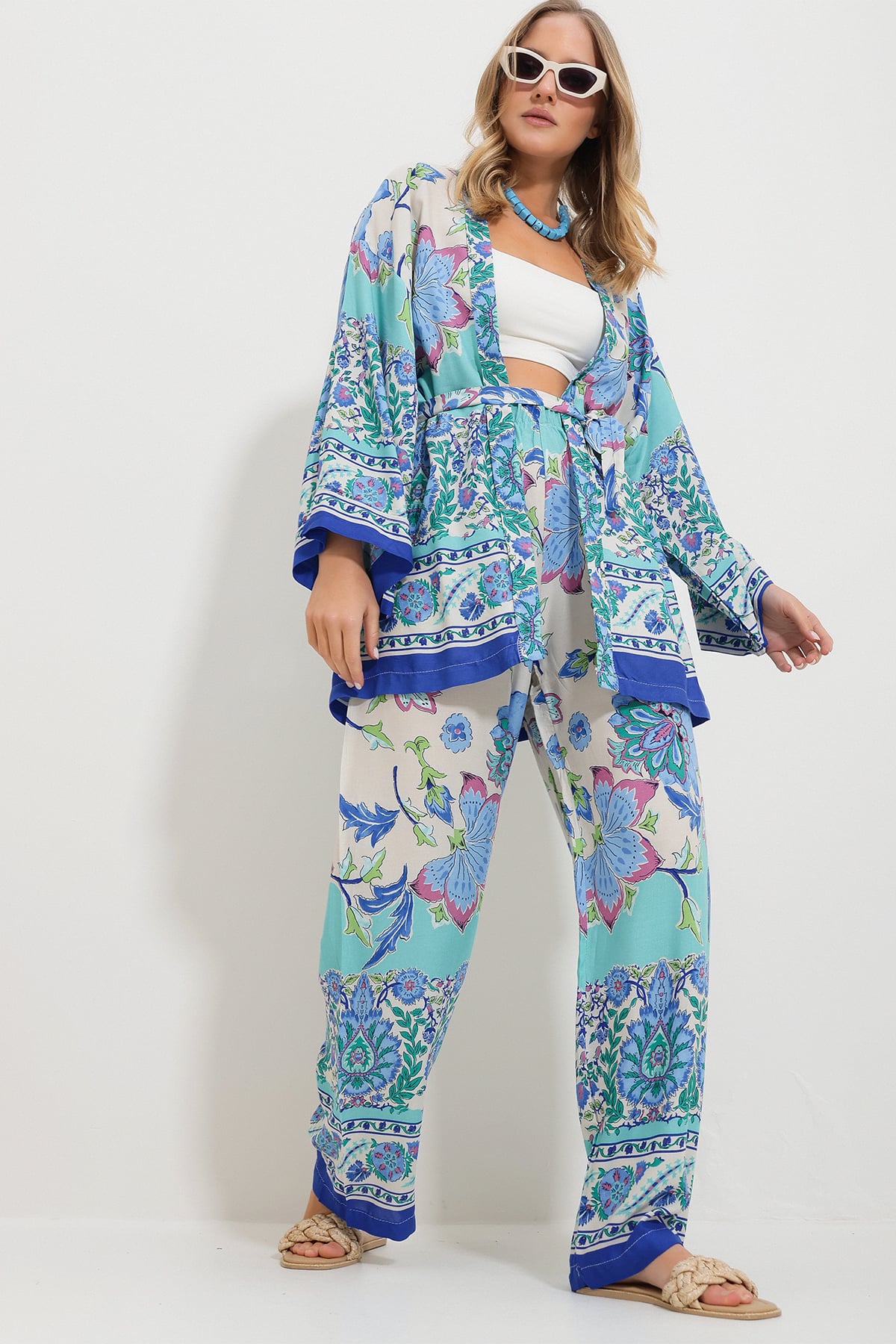 Kimono Ceket Ve Palazzo Pantolon Takım - Mavi-Yeşil