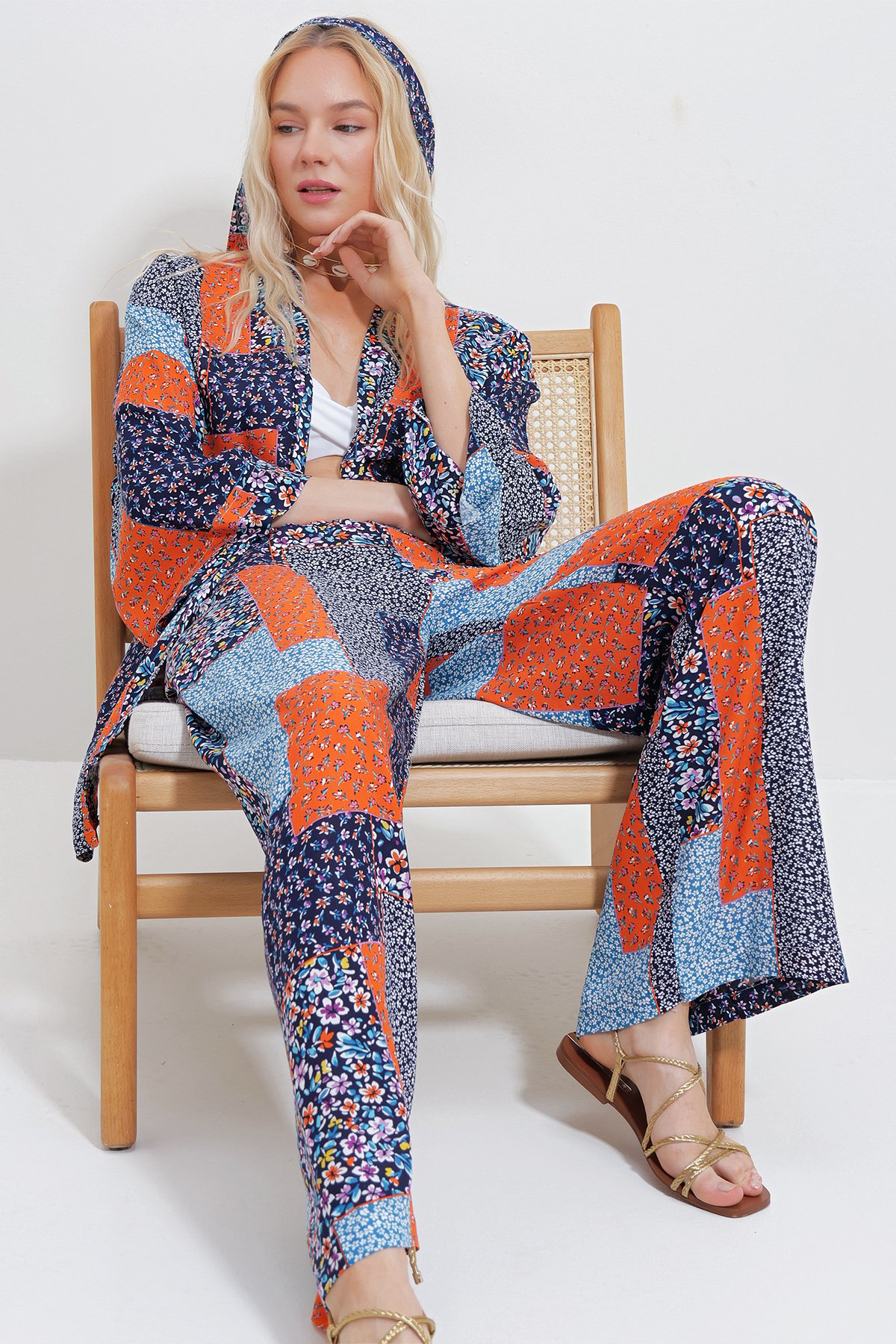Kimono Ceket Ve Palazzo Pantolon Takım - Lacivert-Turuncu