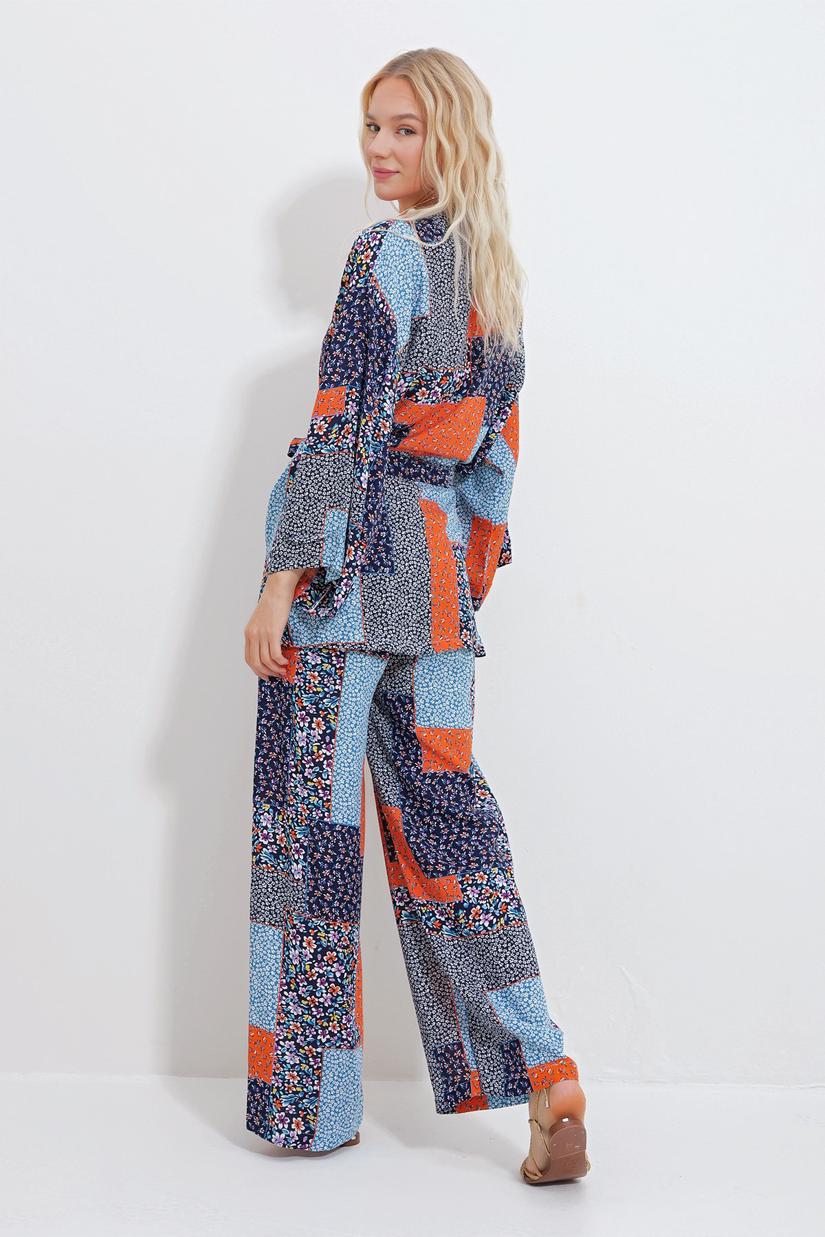 Kimono Ceket Ve Palazzo Pantolon Takım - Lacivert-Turuncu