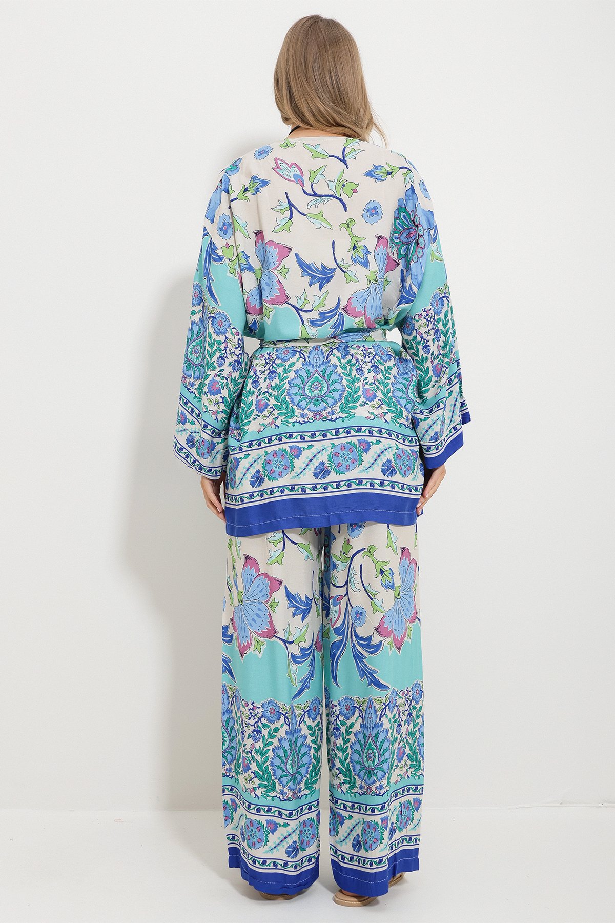 Kimono Ceket Ve Palazzo Pantolon Takım - Mavi-Yeşil