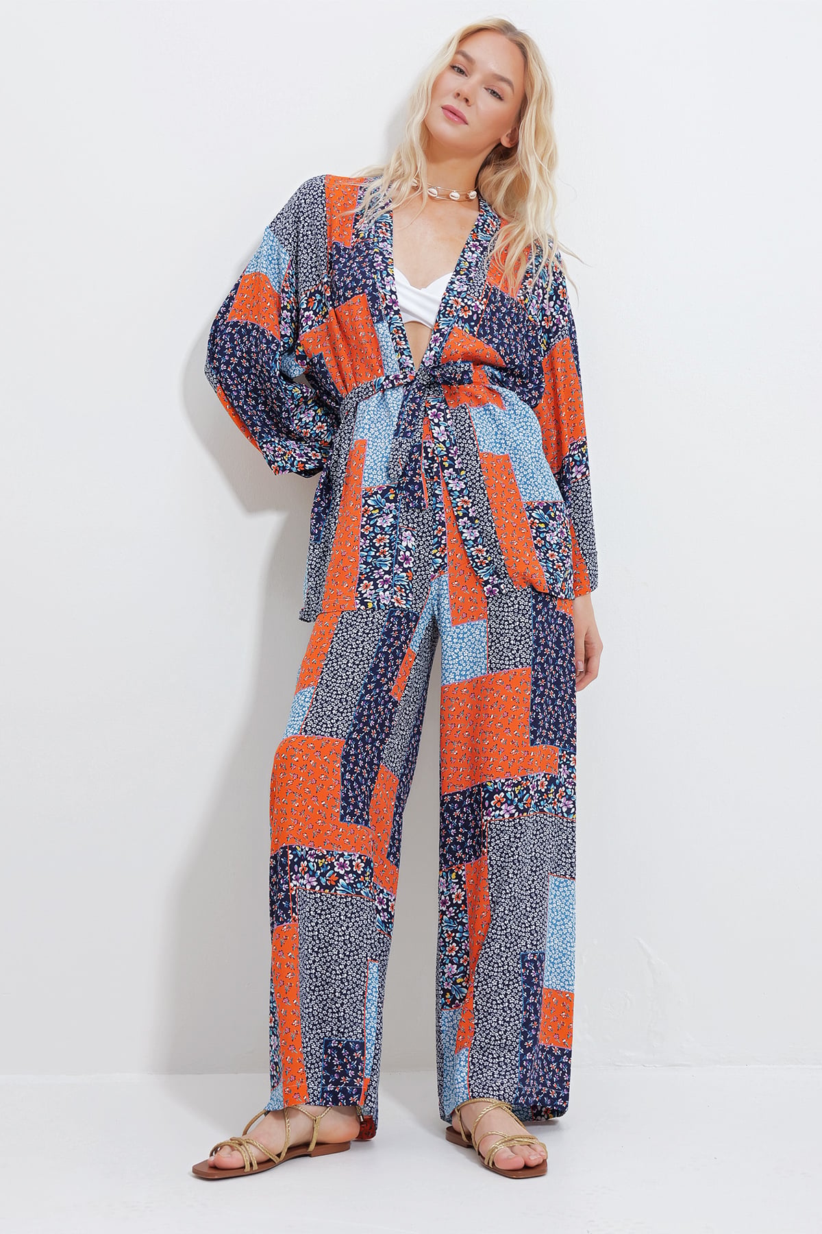 Kimono Ceket Ve Palazzo Pantolon Takım - Lacivert-Turuncu