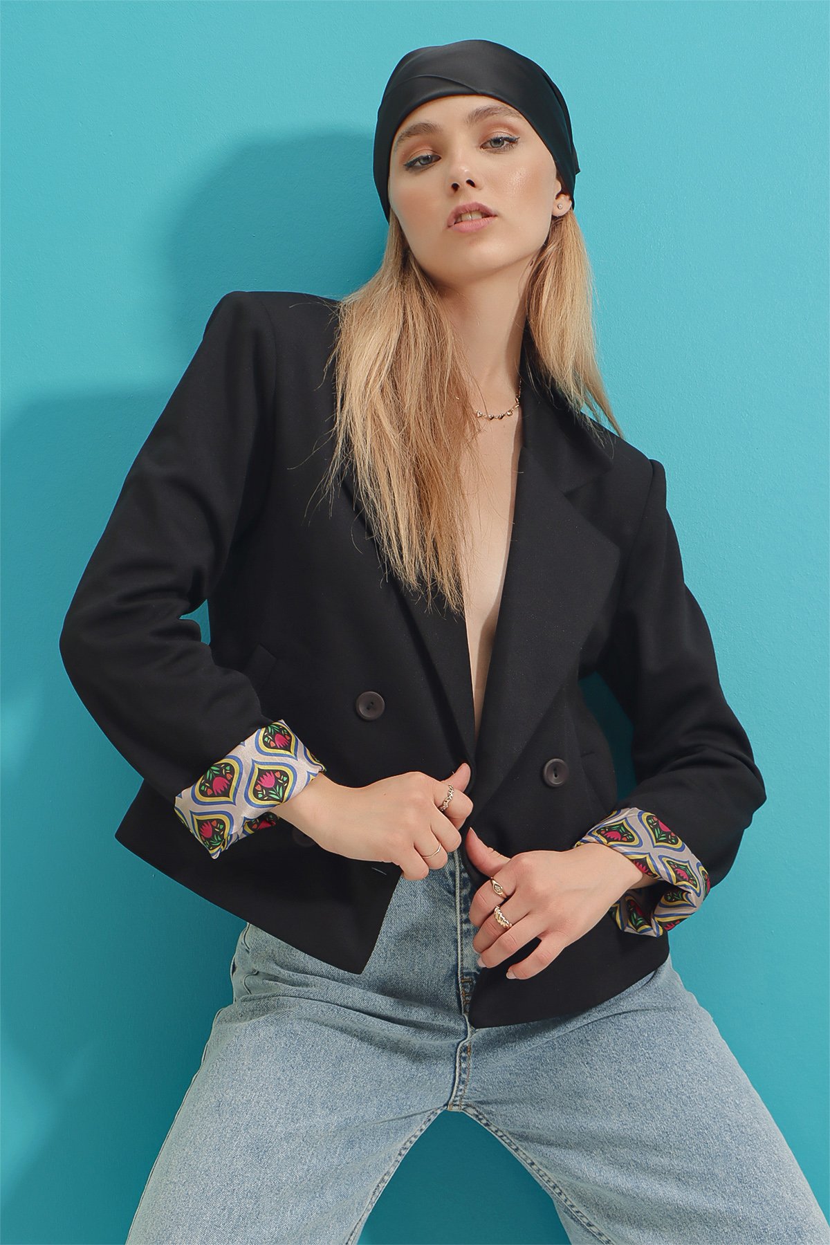 Kruvaze Yaka Astarı Retro Desenli Blazer Ceket - Siyah
