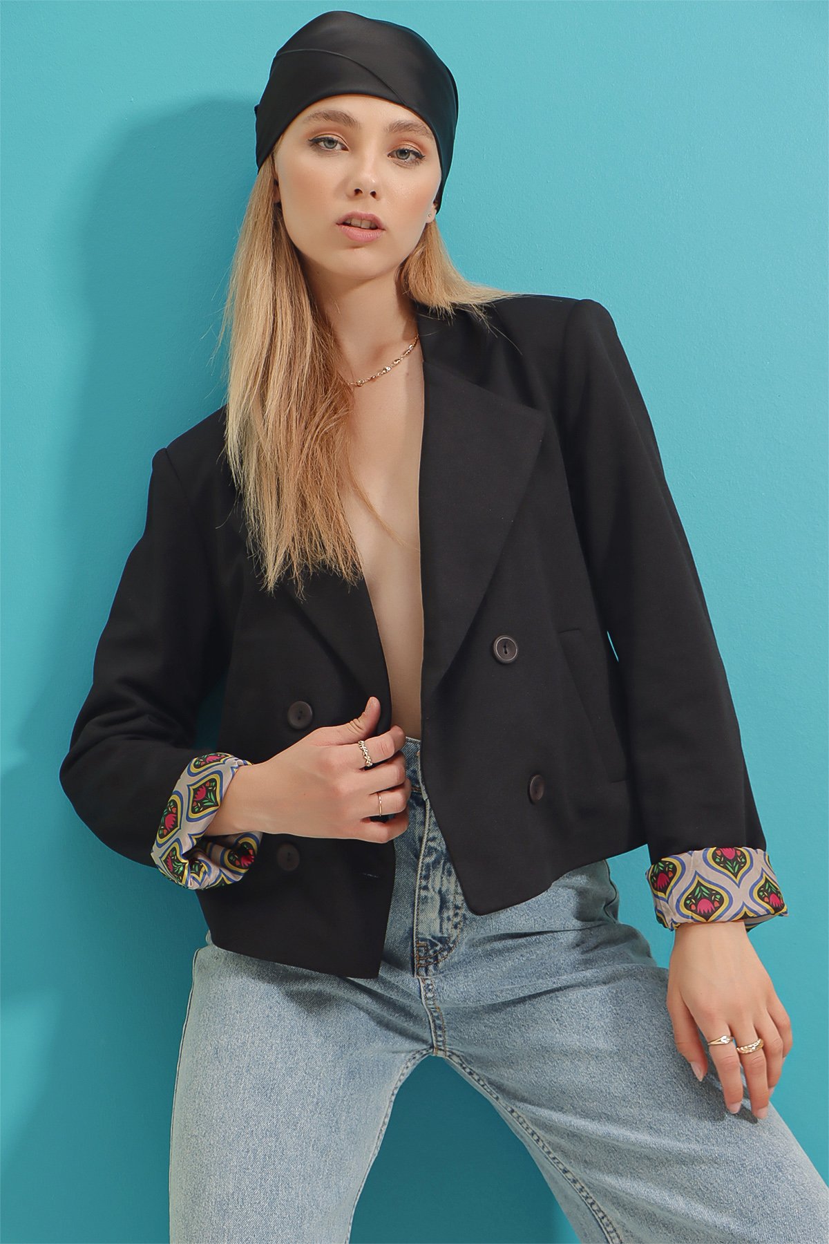 Kruvaze Yaka Astarı Retro Desenli Blazer Ceket - Siyah