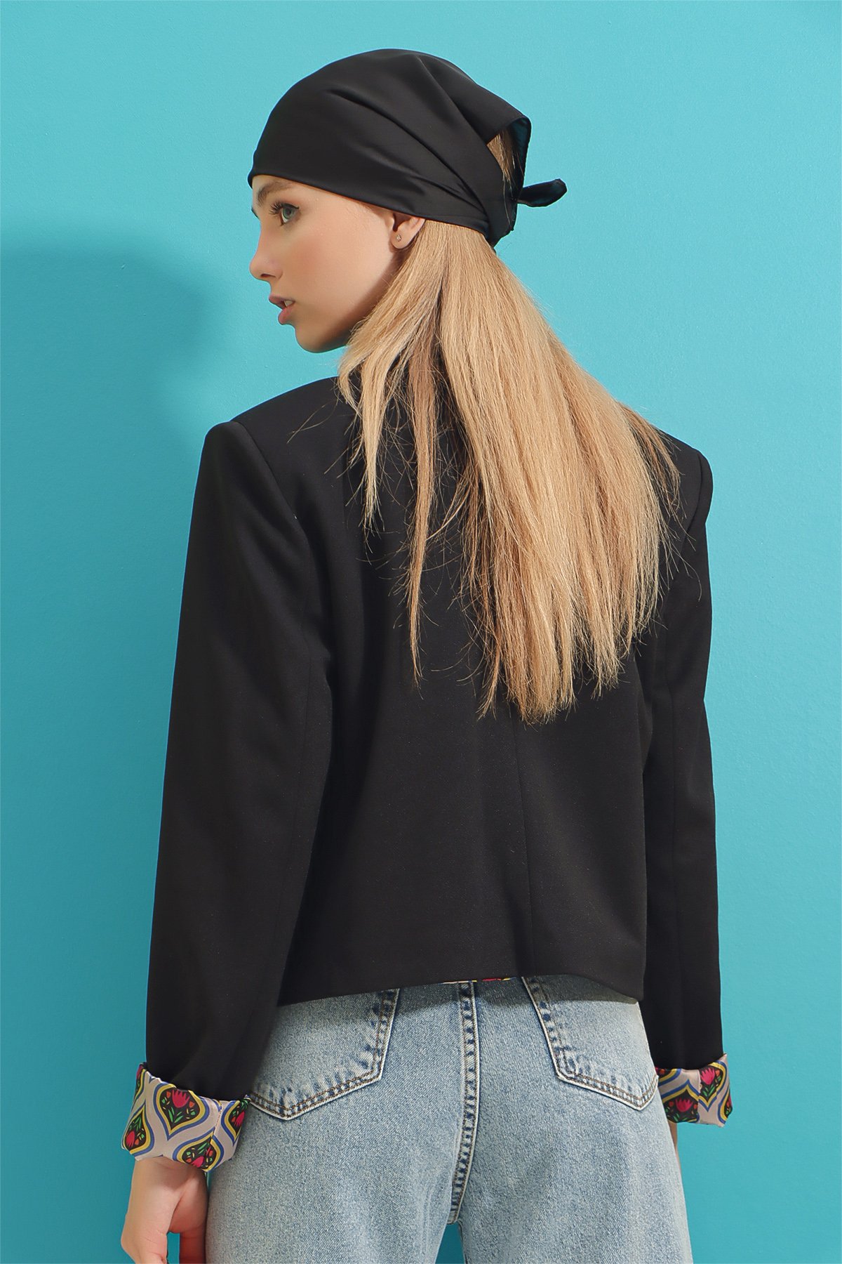 Kruvaze Yaka Astarı Retro Desenli Blazer Ceket - Siyah