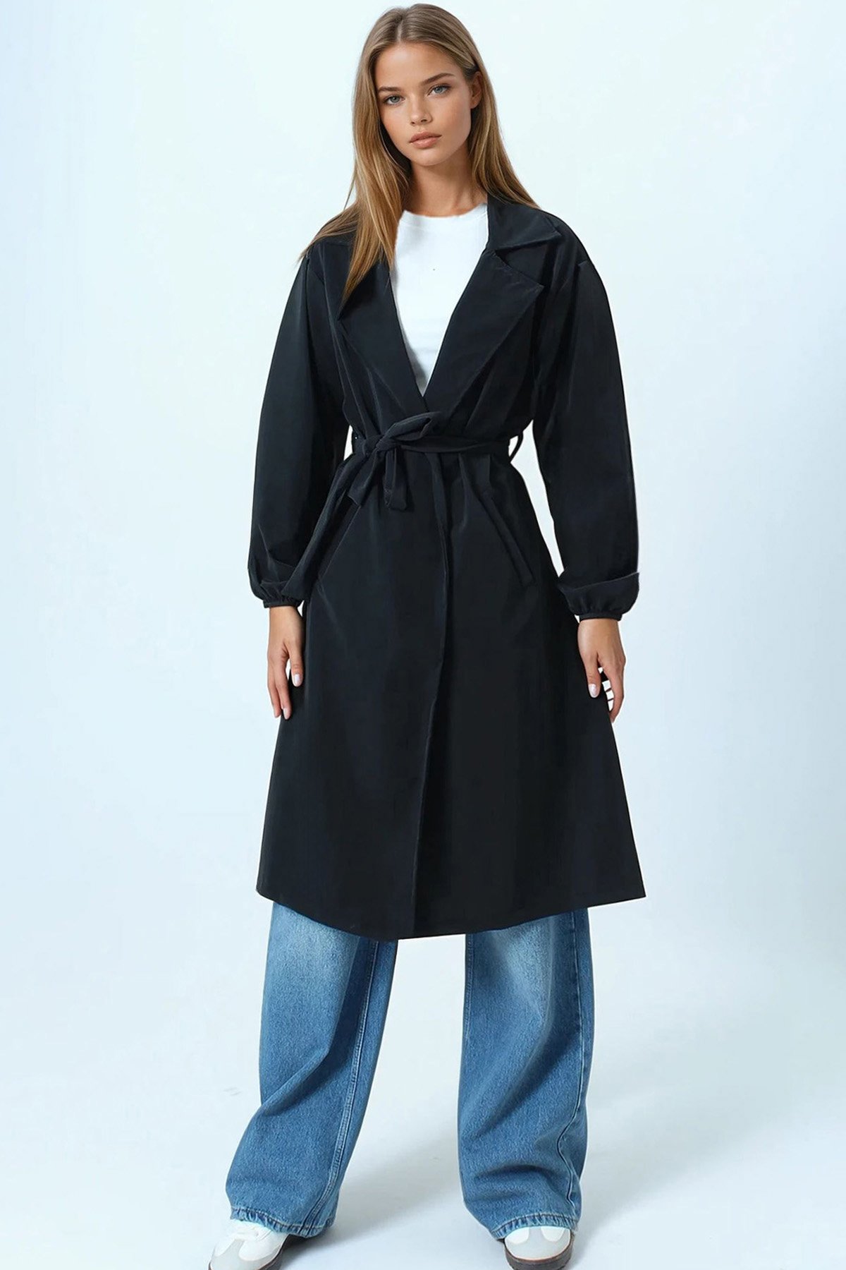 Kruvaze Yaka Bağlamalı Kolları Lastikli Trençkot - SİYAH
