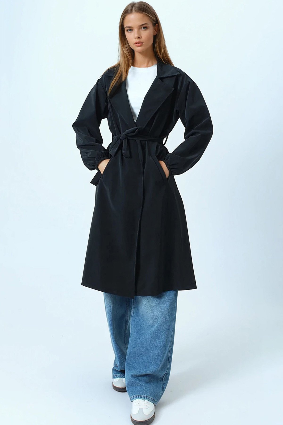 Kruvaze Yaka Bağlamalı Kolları Lastikli Trençkot - SİYAH
