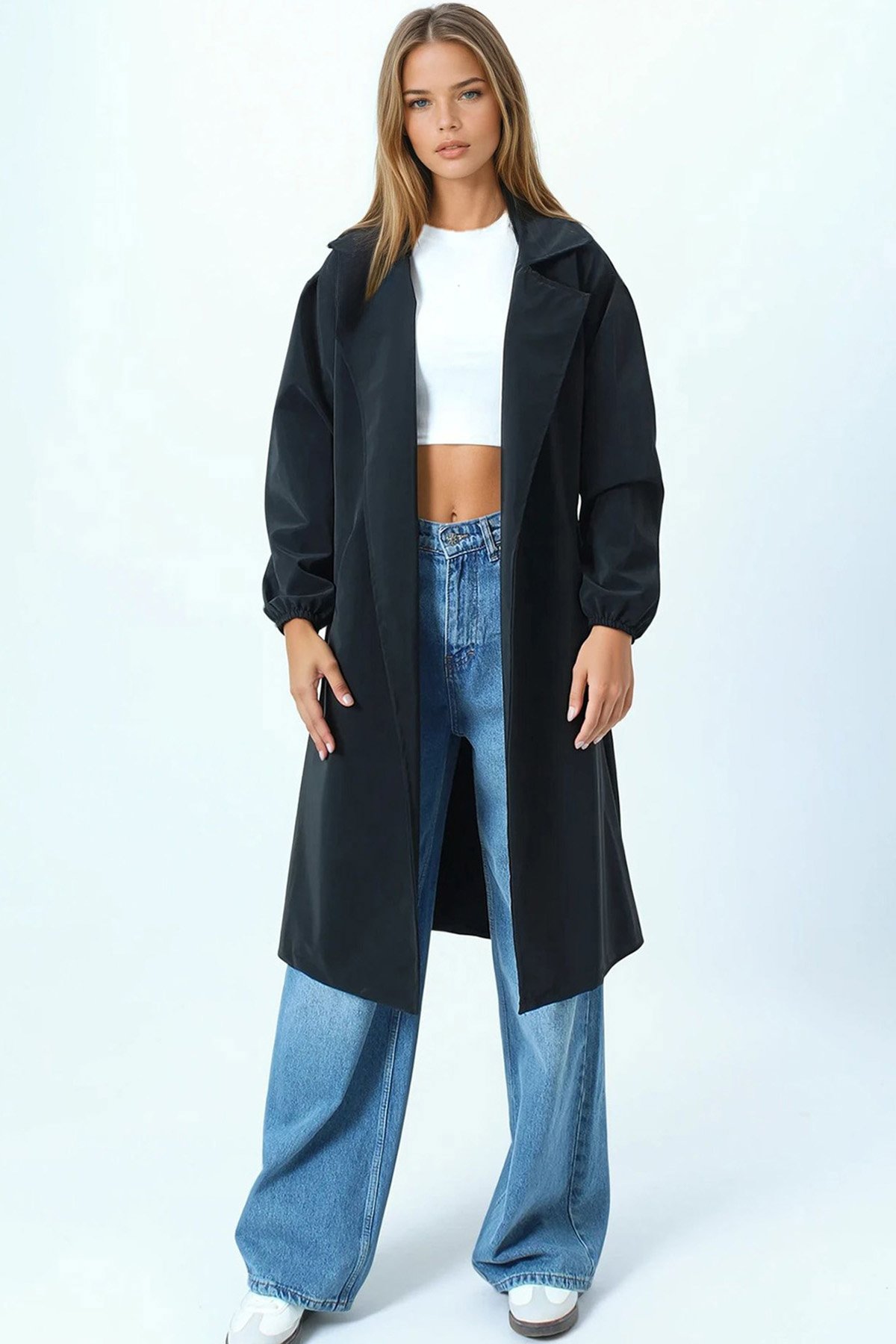 Kruvaze Yaka Bağlamalı Kolları Lastikli Trençkot - SİYAH