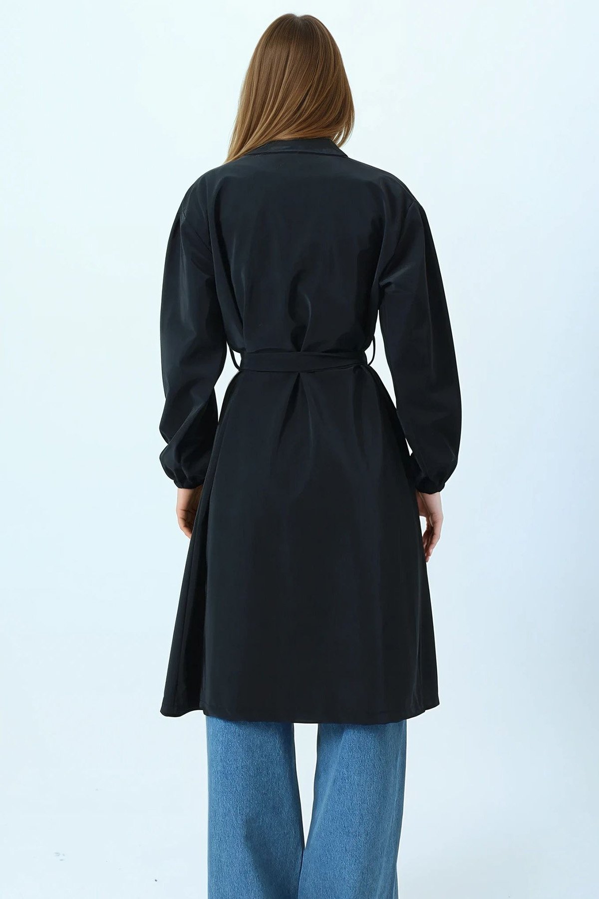 Kruvaze Yaka Bağlamalı Kolları Lastikli Trençkot - SİYAH