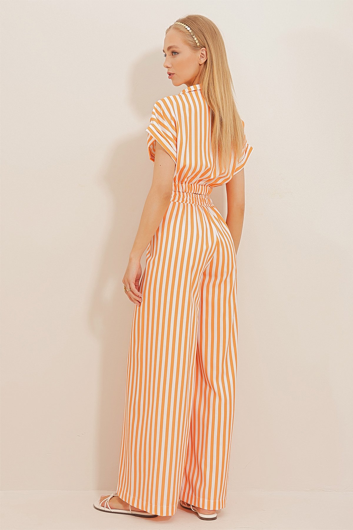 Kruvaze Yaka Çizgili Crop Bluz Ve Pantolon Takım - Turuncu