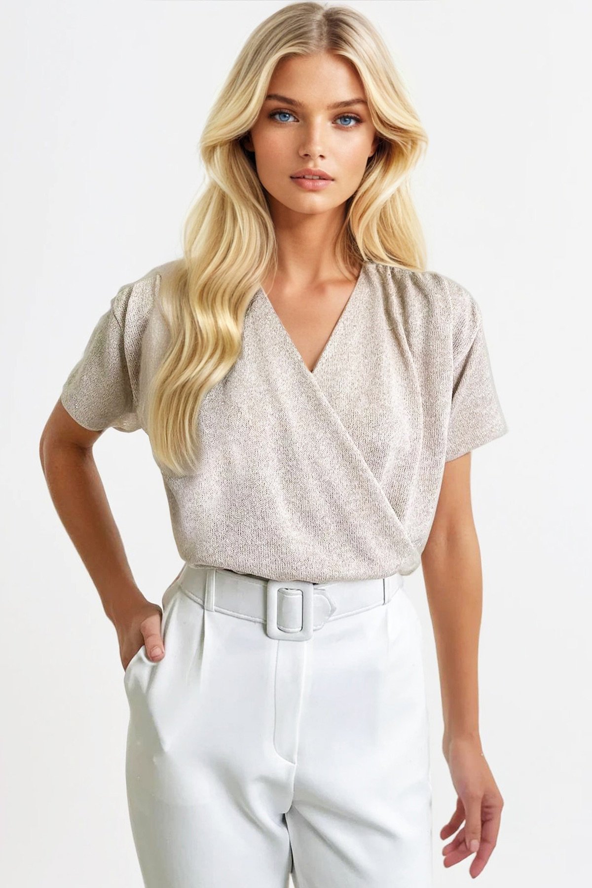 KRUVAZE YAKA KISA KOL SİMLİ ÖRME CROP BLUZ - SİMLİ BEJ