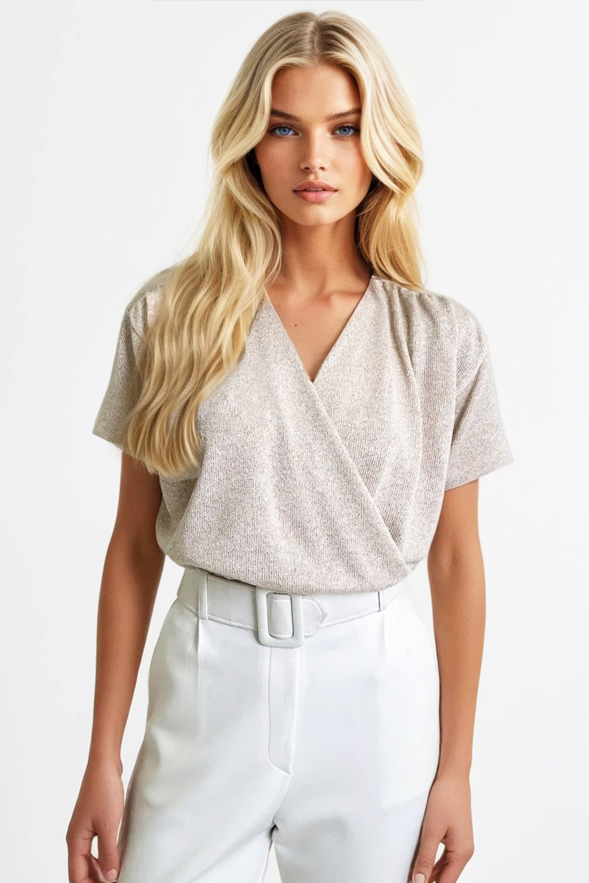 KRUVAZE YAKA KISA KOL SİMLİ ÖRME CROP BLUZ - SİMLİ BEJ