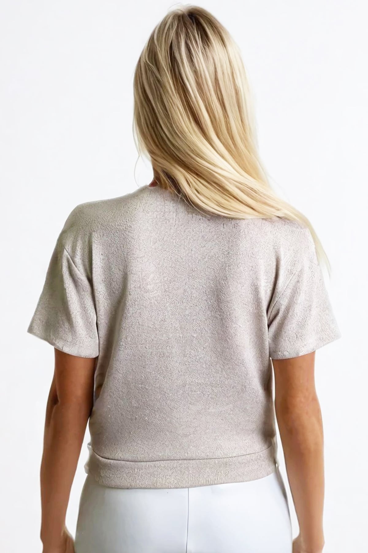 KRUVAZE YAKA KISA KOL SİMLİ ÖRME CROP BLUZ - SİMLİ BEJ