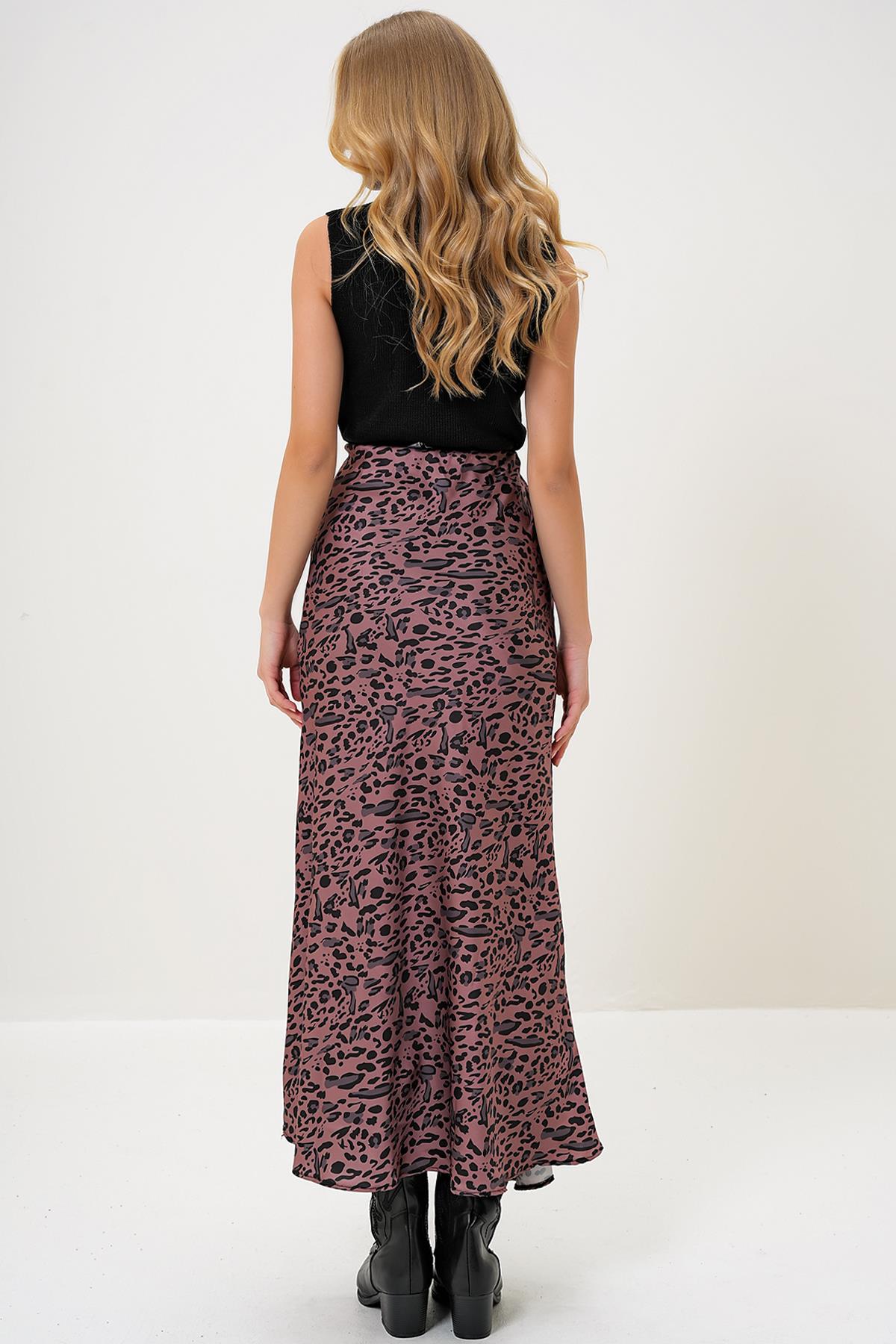 lEOPAR DESENLİ BELİ LASTİKLİ SATEN ETEK - Leopar