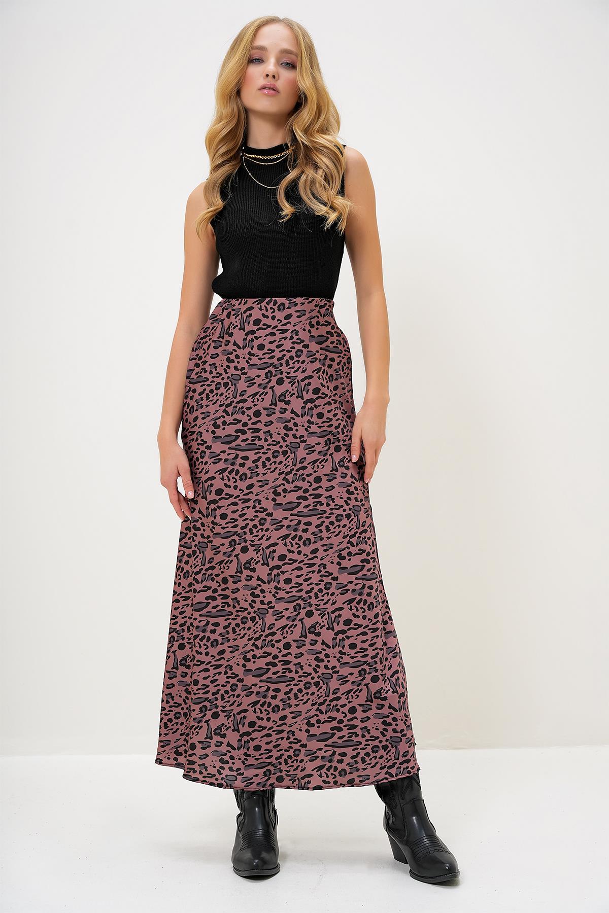 lEOPAR DESENLİ BELİ LASTİKLİ SATEN ETEK - Leopar
