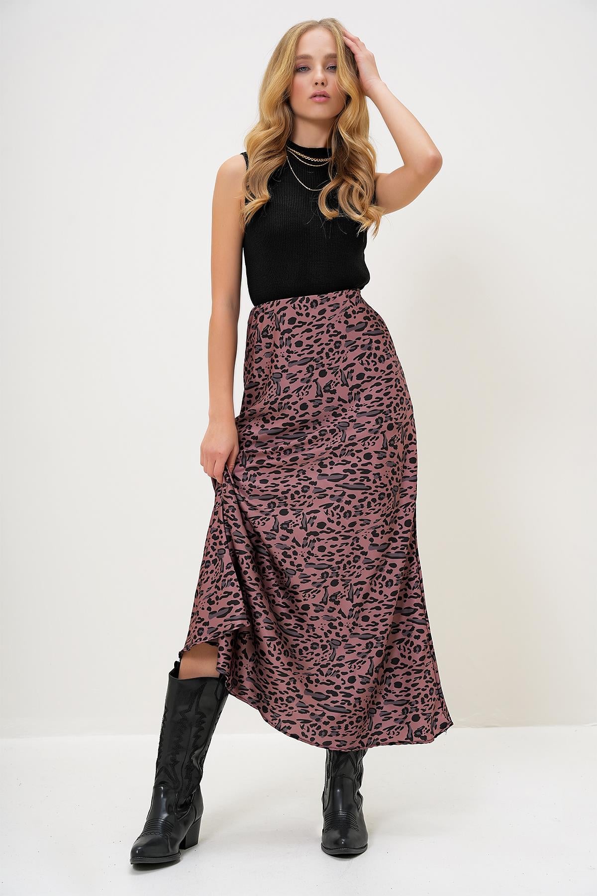lEOPAR DESENLİ BELİ LASTİKLİ SATEN ETEK - Leopar