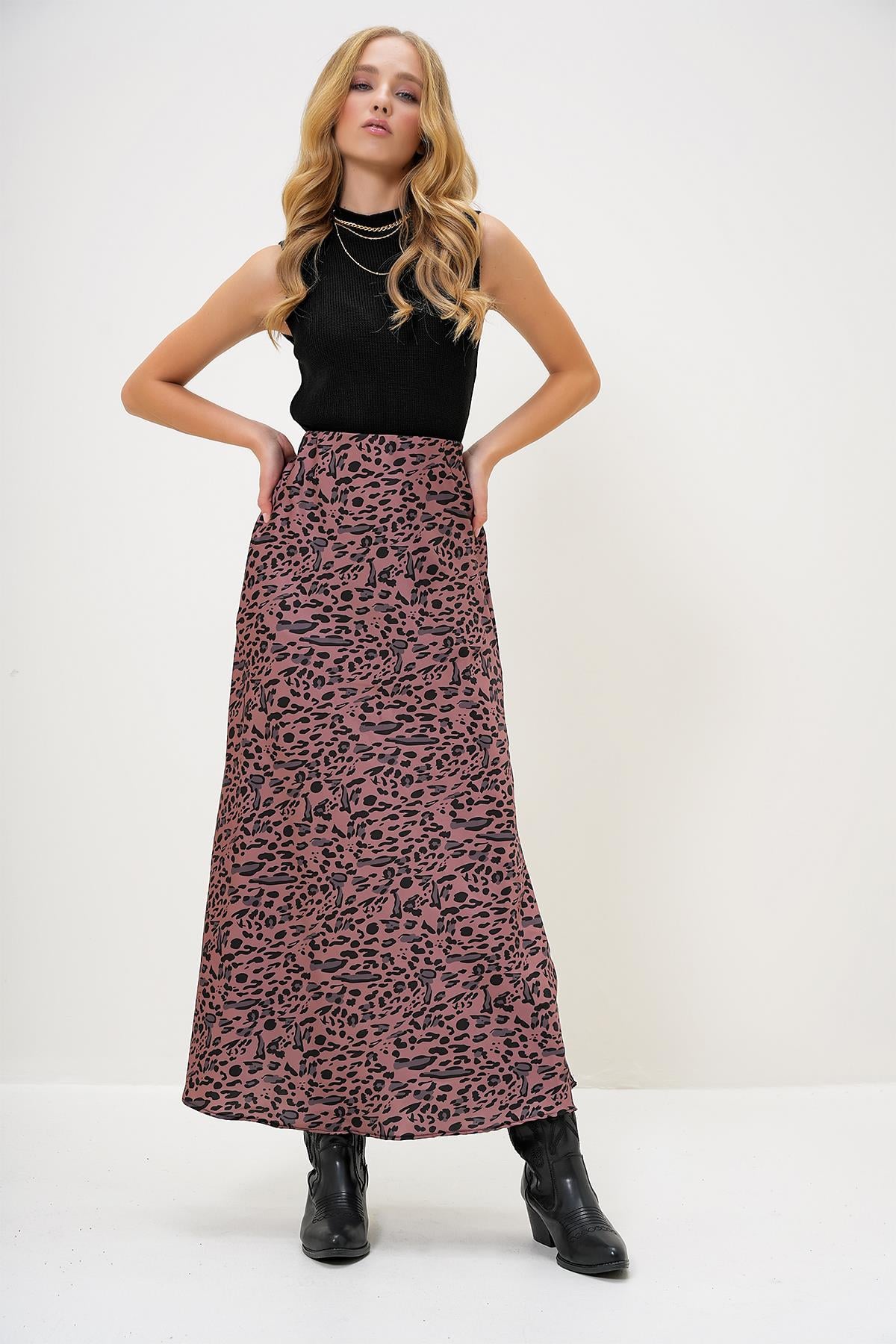 lEOPAR DESENLİ BELİ LASTİKLİ SATEN ETEK - Leopar